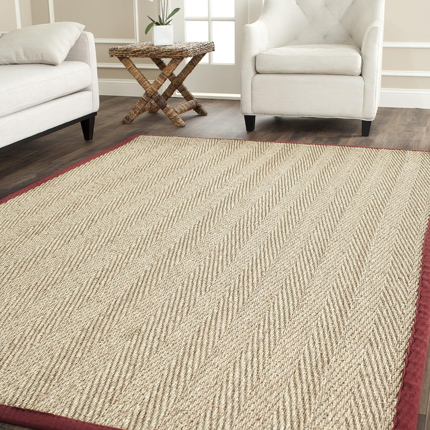 SAFAVIEH Natural Fiber Maisy Border Seagrass Area Rug, Natural/Red, 9' x 12'