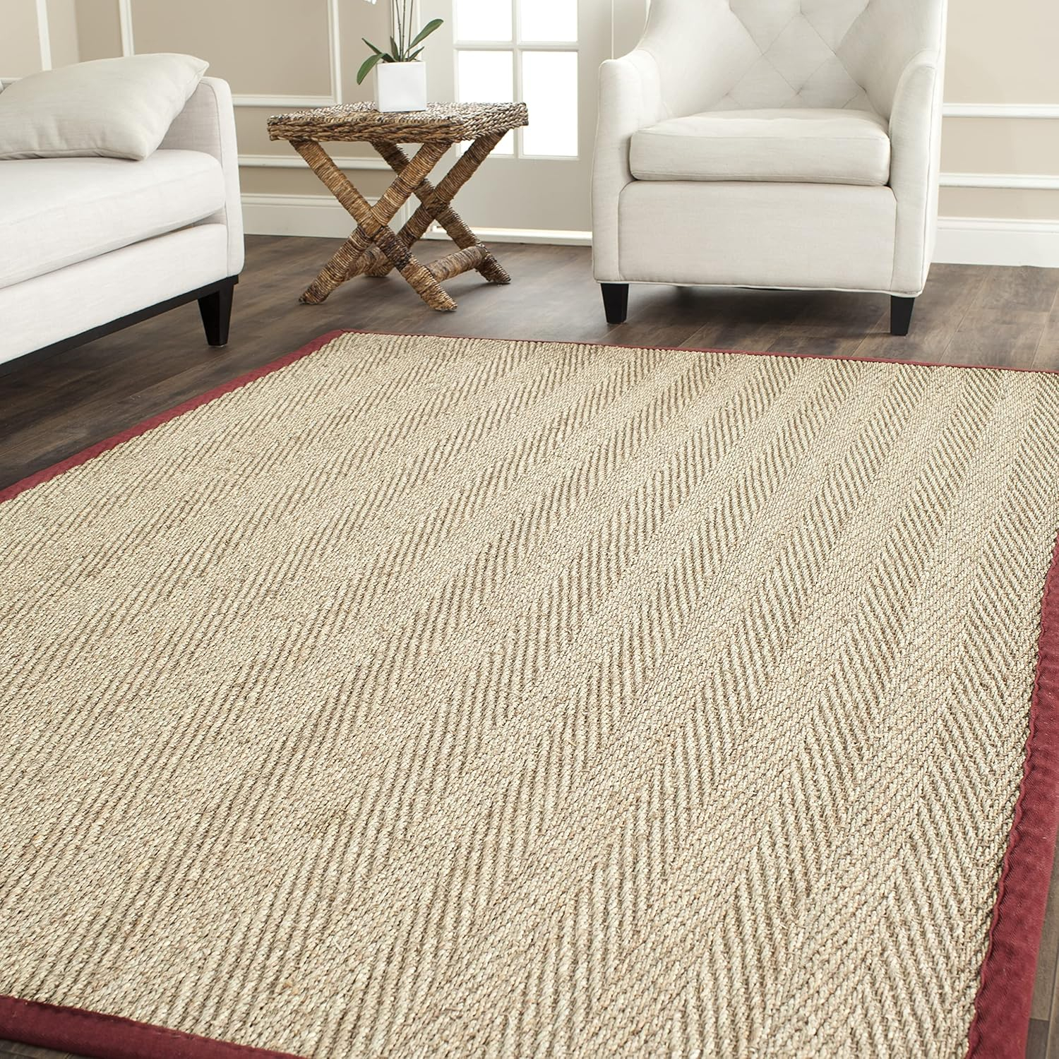 SAFAVIEH Natural Fiber Maisy Border Seagrass Area Rug, Natural/Red, 9' x 12'