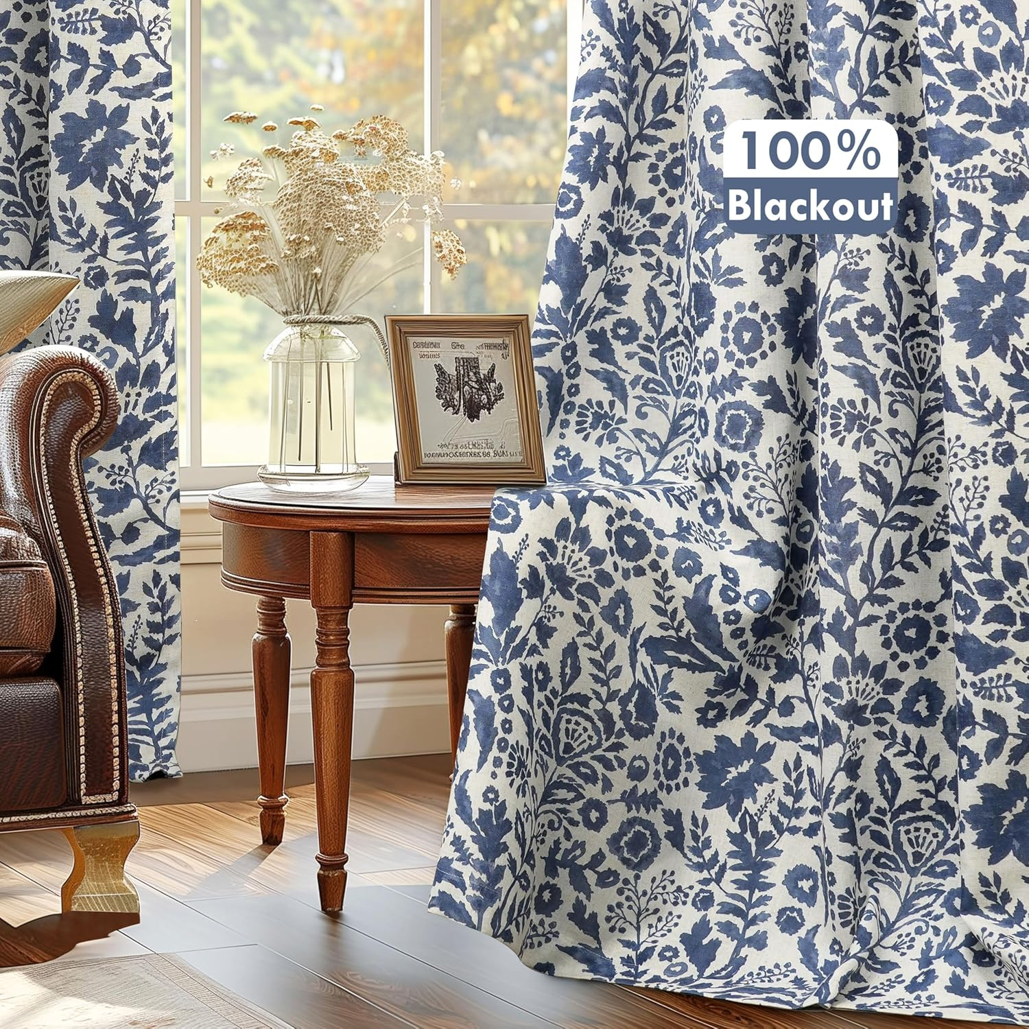 DriftAway Julia Watercolor Blackout Room Darkening Grommet Lined Thermal Insulated Energy Saving Window Curtains 2 Layers 2 Panels Each Size 96"L x 52"W Navy