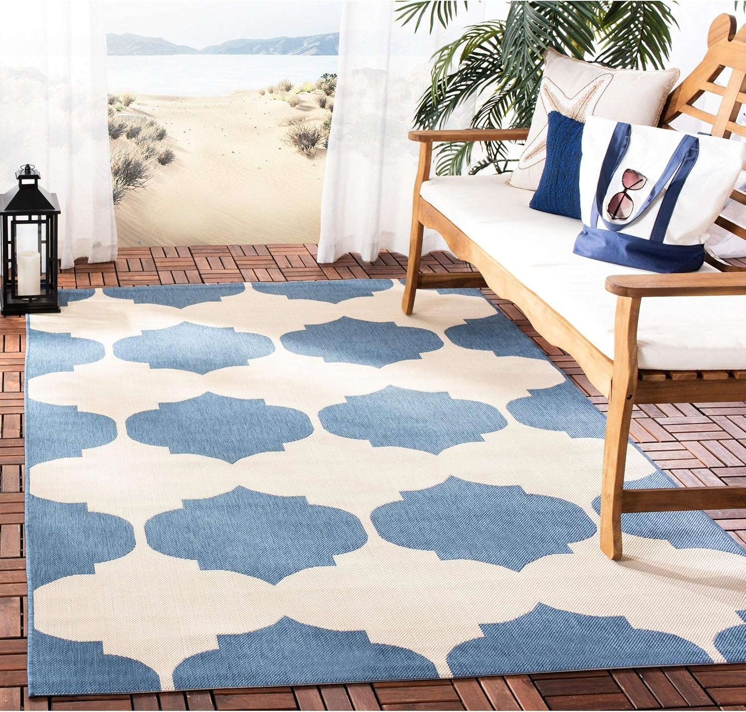 SAFAVIEH Courtyard Elwyn Geometric Indoor/Outdoor Area Rug, Beige/Blue, 9' x 12'
