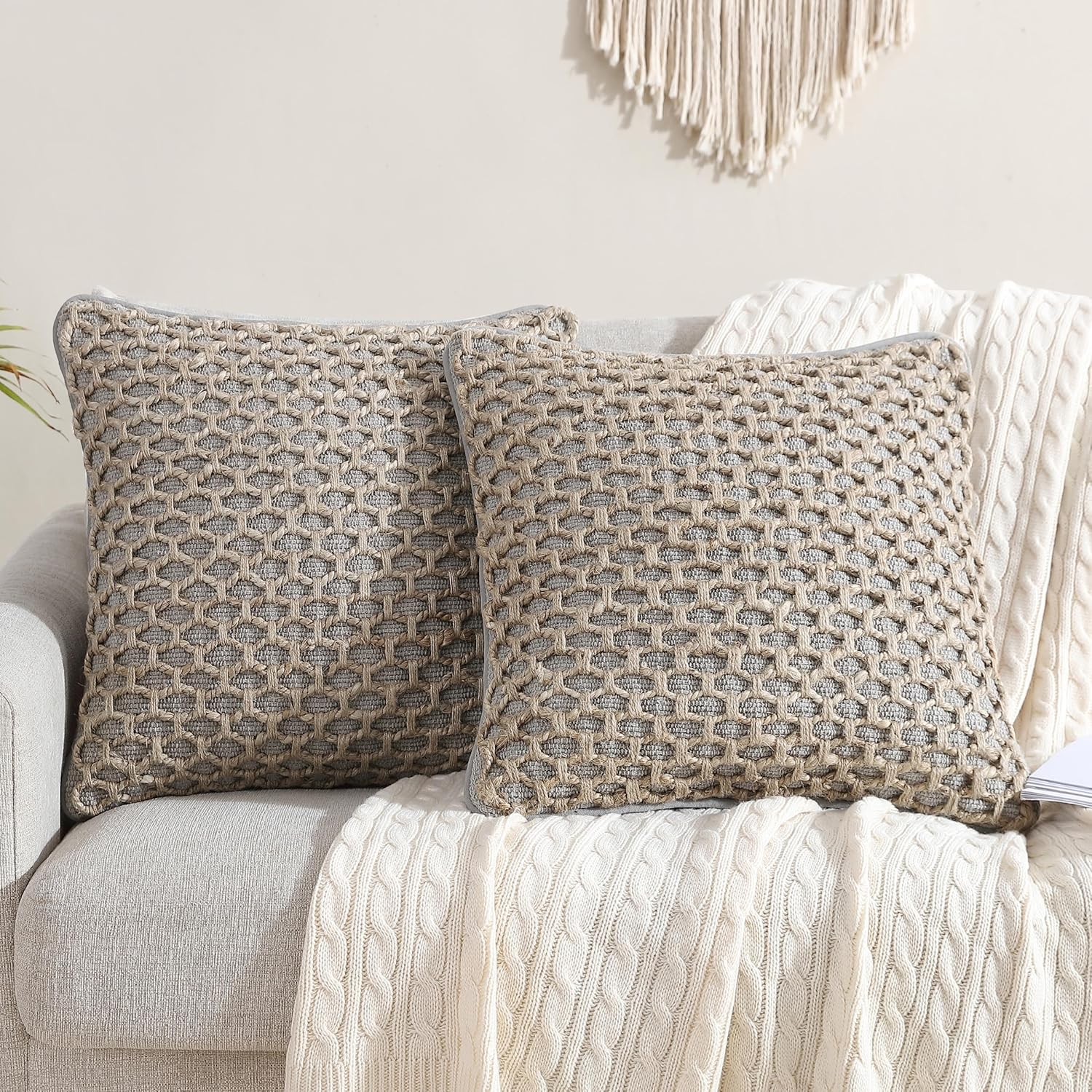 Boho Gray and Beige Cotton Jute Textured Throw Pillow Set