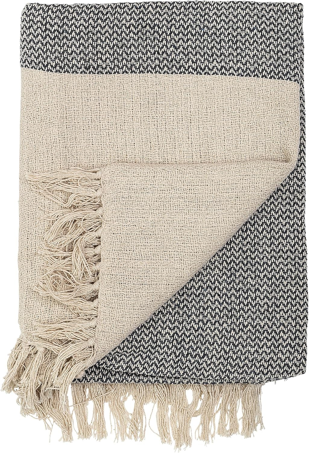 Soft Cotton Blend Knit Throw with Fringe, Grey and Cream