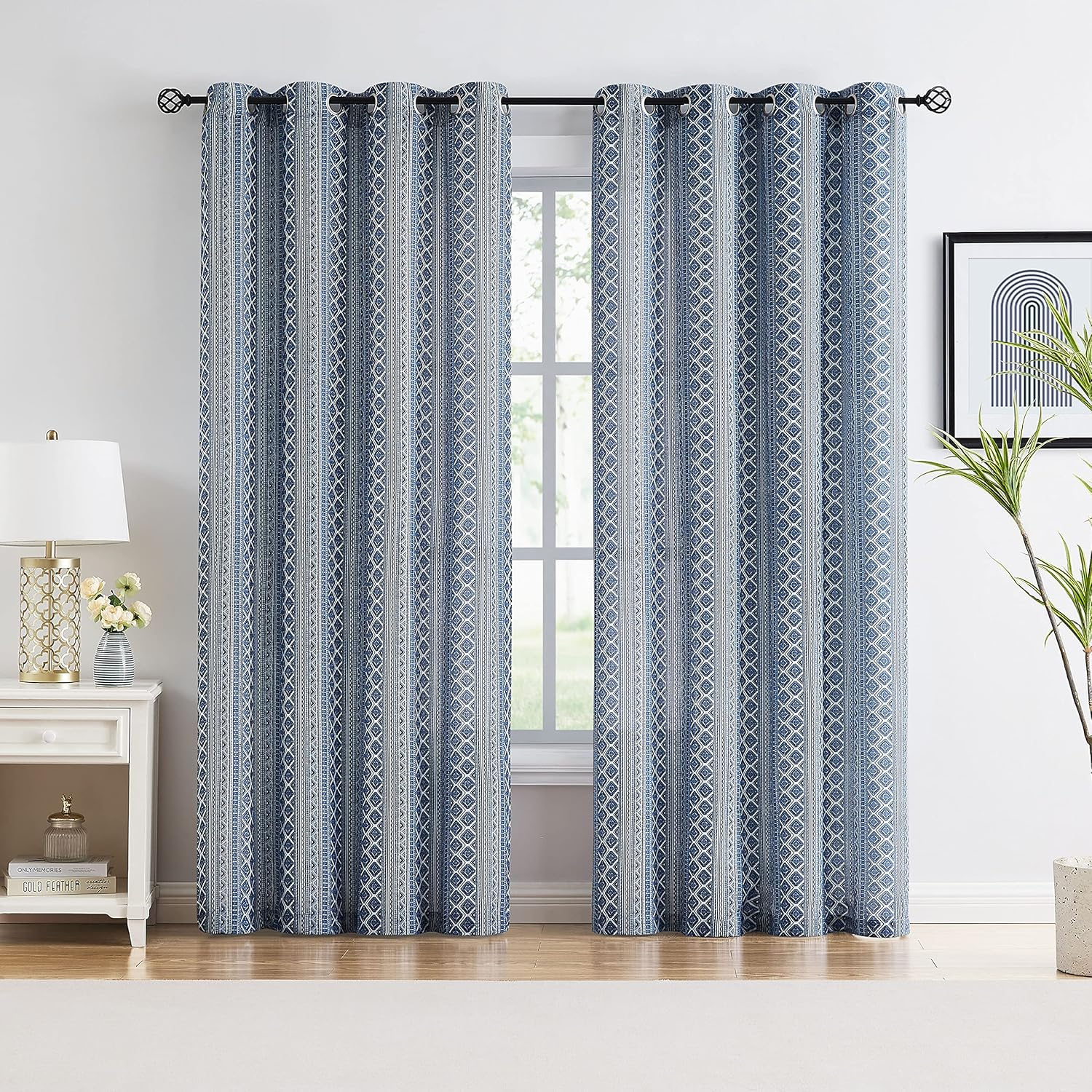 Fragrantex Semi Sheer Curtains 84 Inch Length for Living Room, Blue Geometric Boho Curtains for Bedroom 2 Panels Set Soft Linen Textured Print Curtains Grommet Semi Sheer, 50”W x 84”L x2