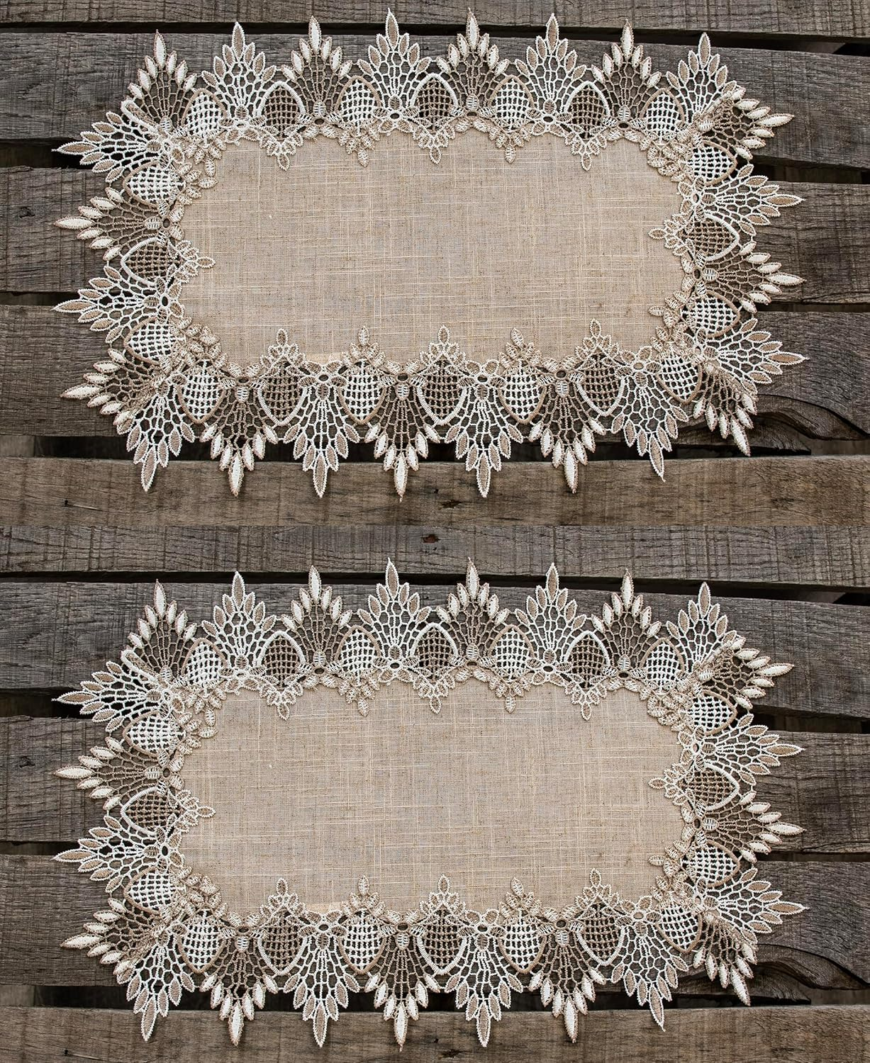 Two Lace Placemats 13W x 20L Neutral Earth Tones Placemats, Dresser Scarf, Coffee Table Runners, End Table Doilies, Set of 2