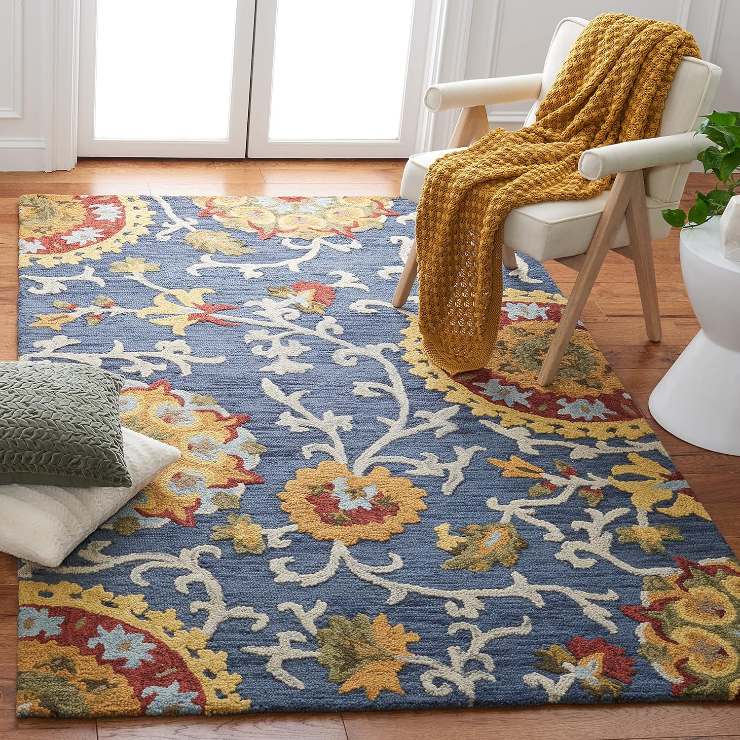 SAFAVIEH Blossom Danny Floral Wool Area Rug, Navy/Multi, 8' x 8' Square