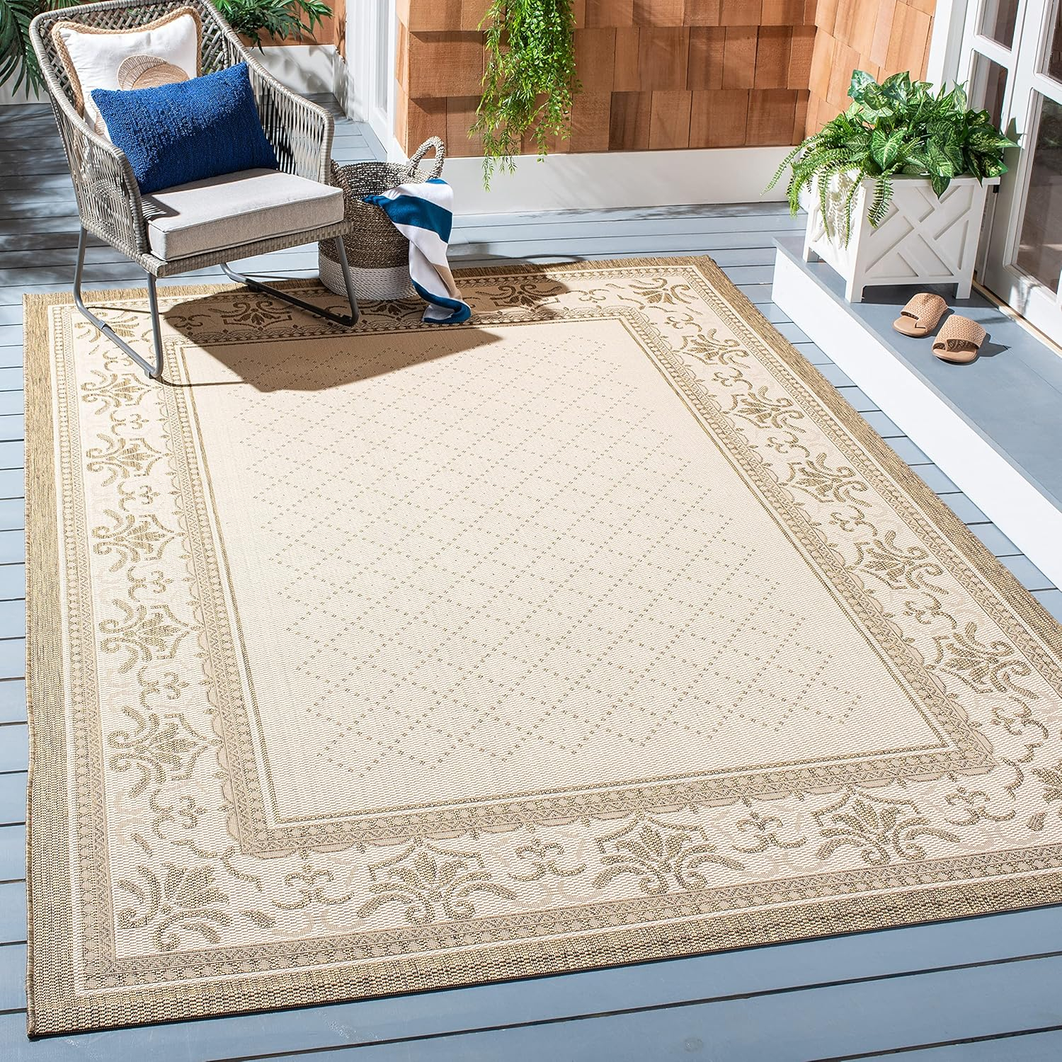 SAFAVIEH Courtyard Eva Oriental Indoor/Outdoor Area Rug, Natural/Brown, 6'7" x 9'6"