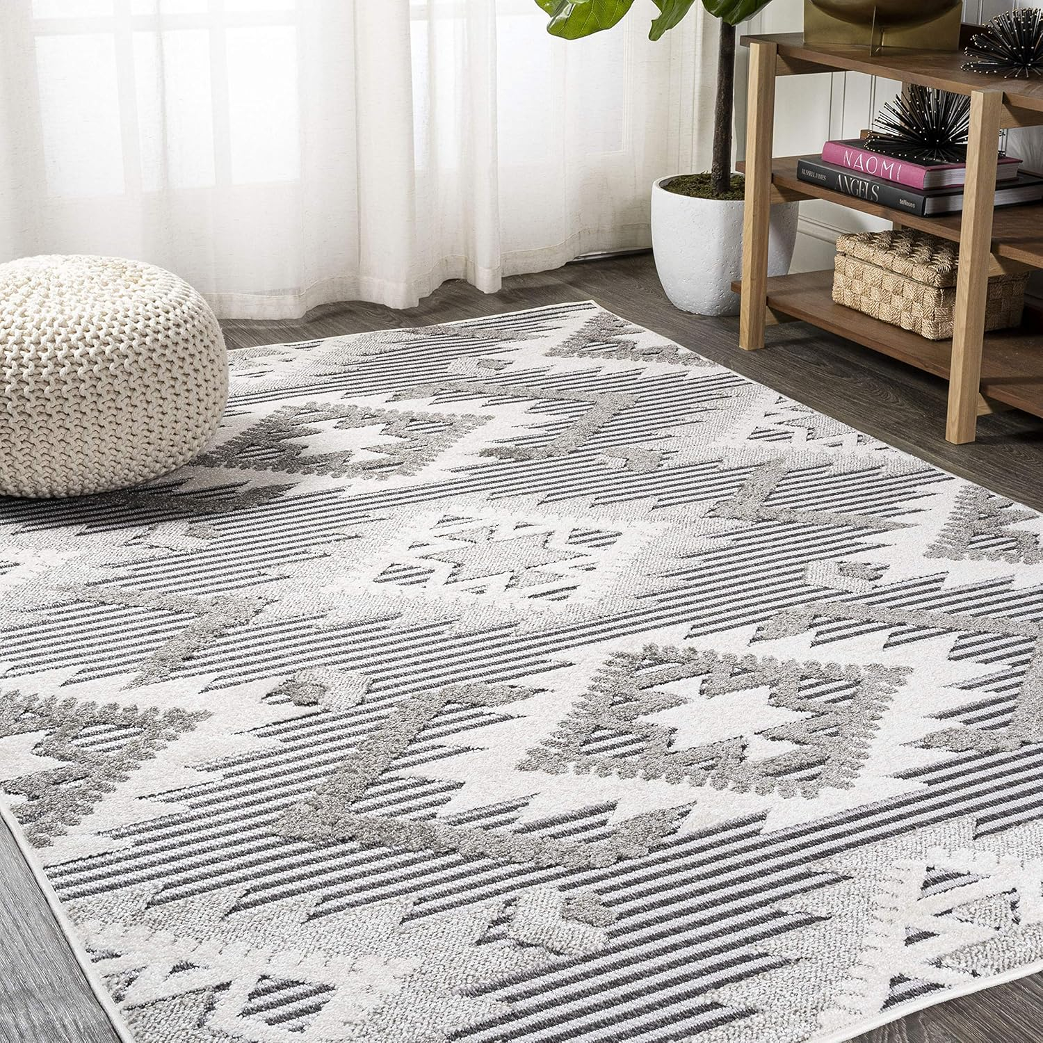 JONATHAN Y SBH107B-5 Sumak High-Low Pile Neutral Diamond Kilim Indoor Outdoor Area-Rug Bohemian Geometric Easy-Cleaning Bedroom Kitchen Backyard Patio Non Shedding, 5 ft x 8 ft, Gray/White/Black