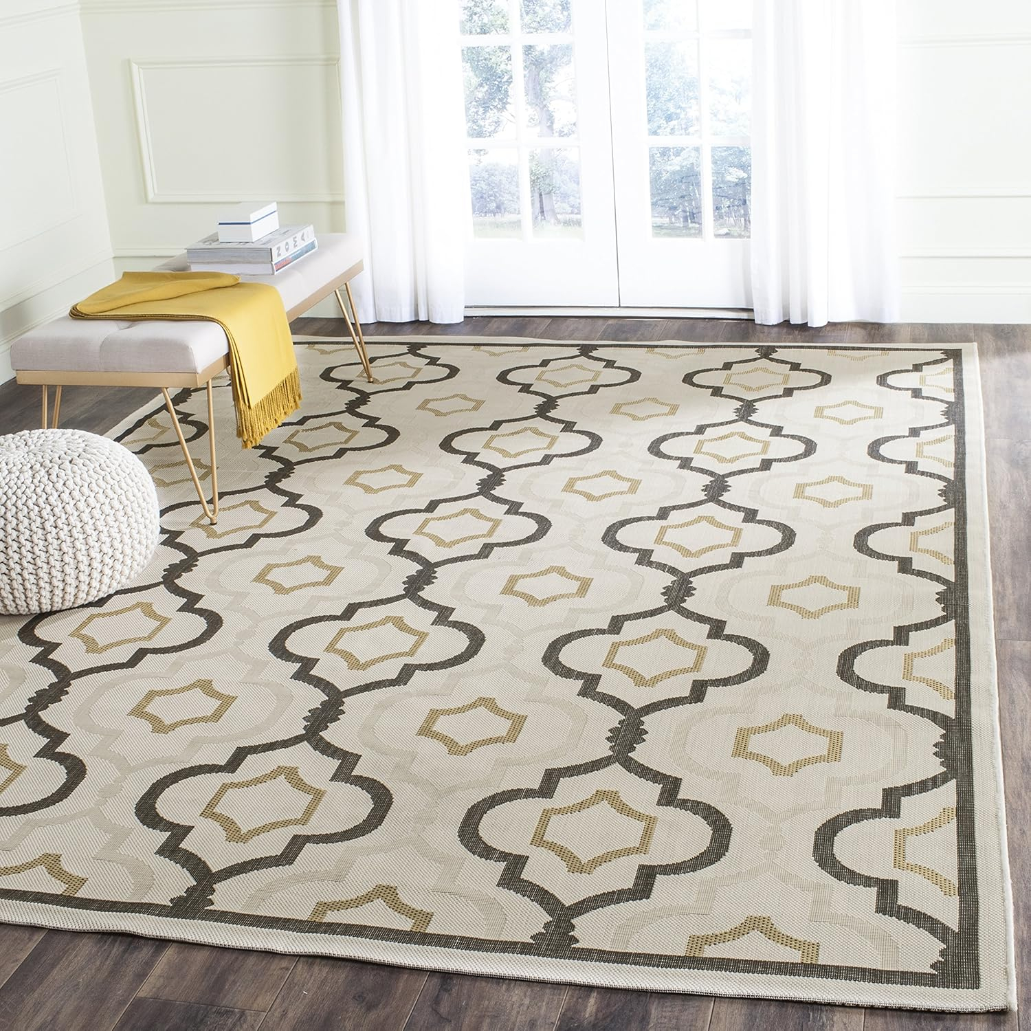 SAFAVIEH Courtyard Nina Geometric Trellis Indoor/Outdoor Area Rug, Beige Black/Yellow, 9' x 12'