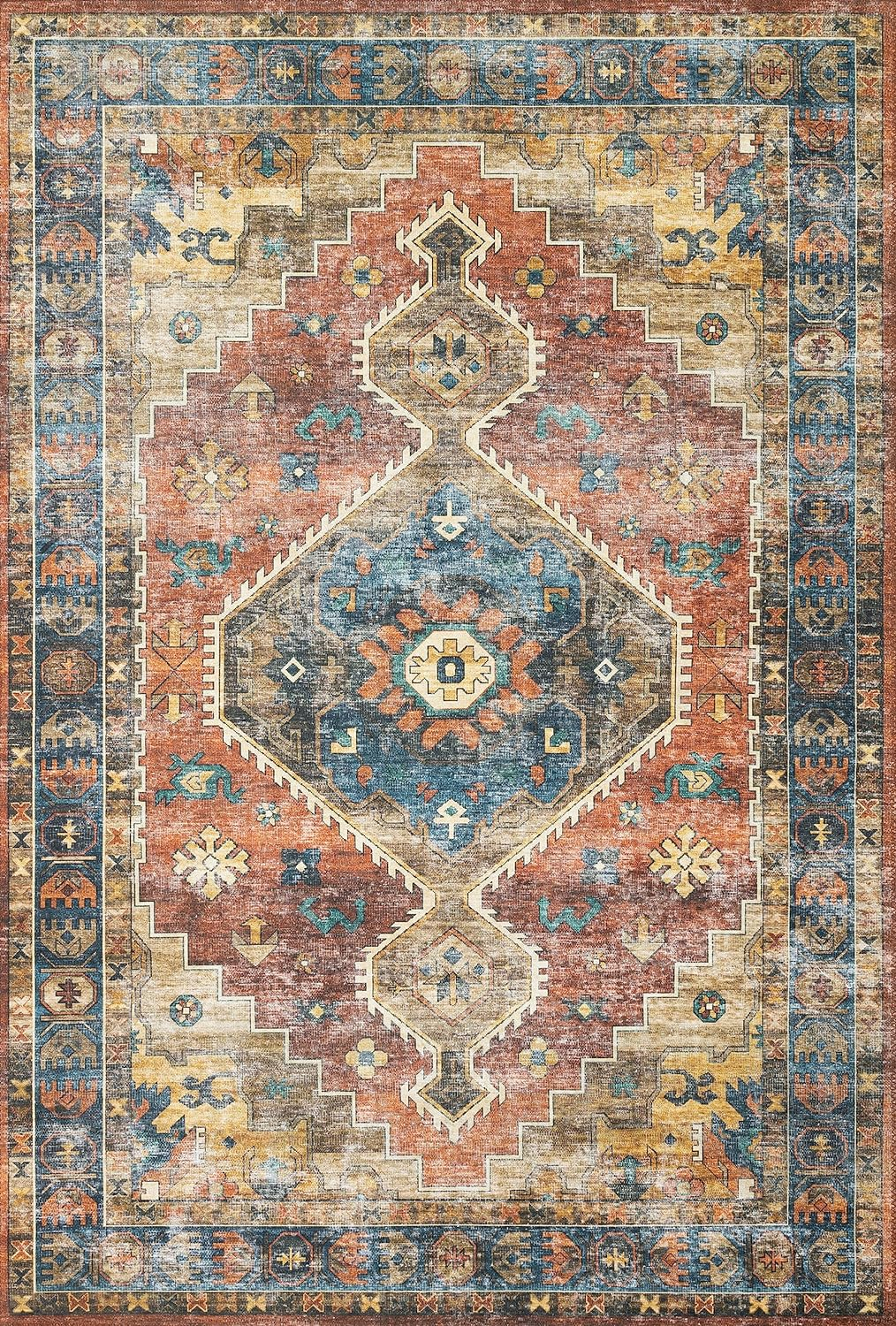 Skye Rust/Blue 6' X 9' Printed Distressed Oriental Area Rug
