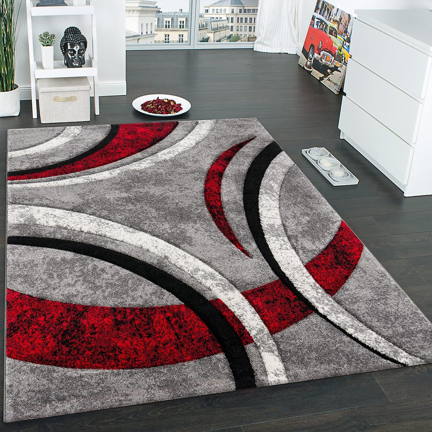 Paco Home Designer Rug with Contour Cut Striped Model in Grey Black and Red Mixture, Size:3'11" x 5'7"