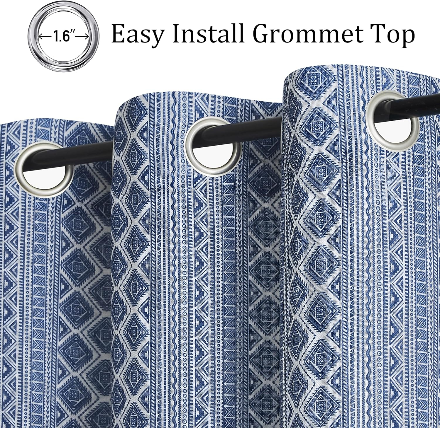 Fragrantex Semi Sheer Curtains 84 Inch Length for Living Room, Blue Geometric Boho Curtains for Bedroom 2 Panels Set Soft Linen Textured Print Curtains Grommet Semi Sheer, 50”W x 84”L x2
