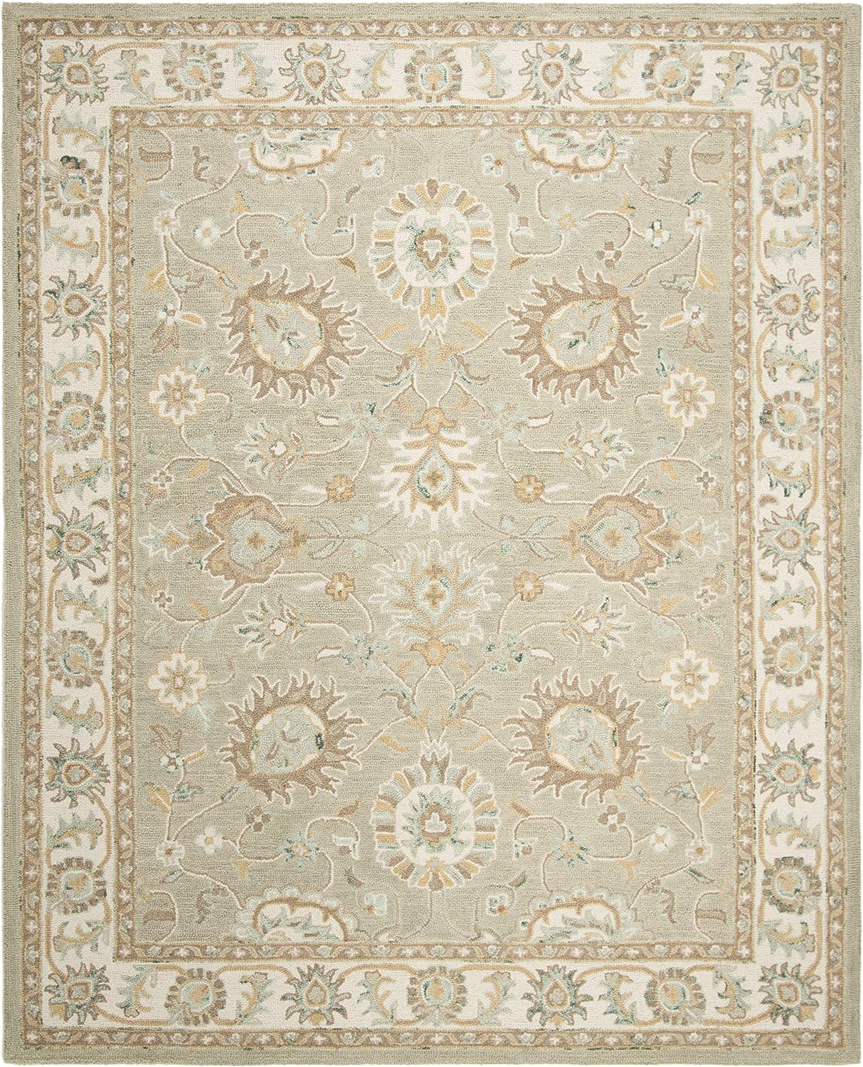 SAFAVIEH Blossom Fletcher Floral Bordered Wool Area Rug, Sage/Ivory, 8' x 10'