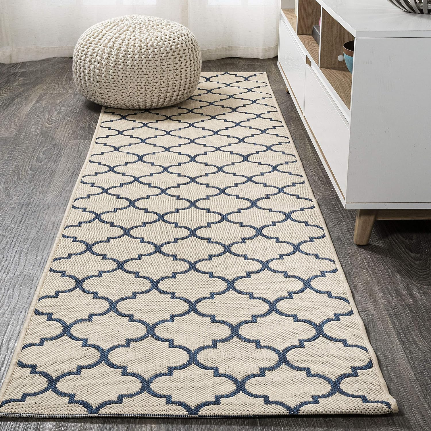 Arabesque Ogee Trellis Beige/Navy 2 ft. x 8 ft. Indoor/Outdoor Runner Rug