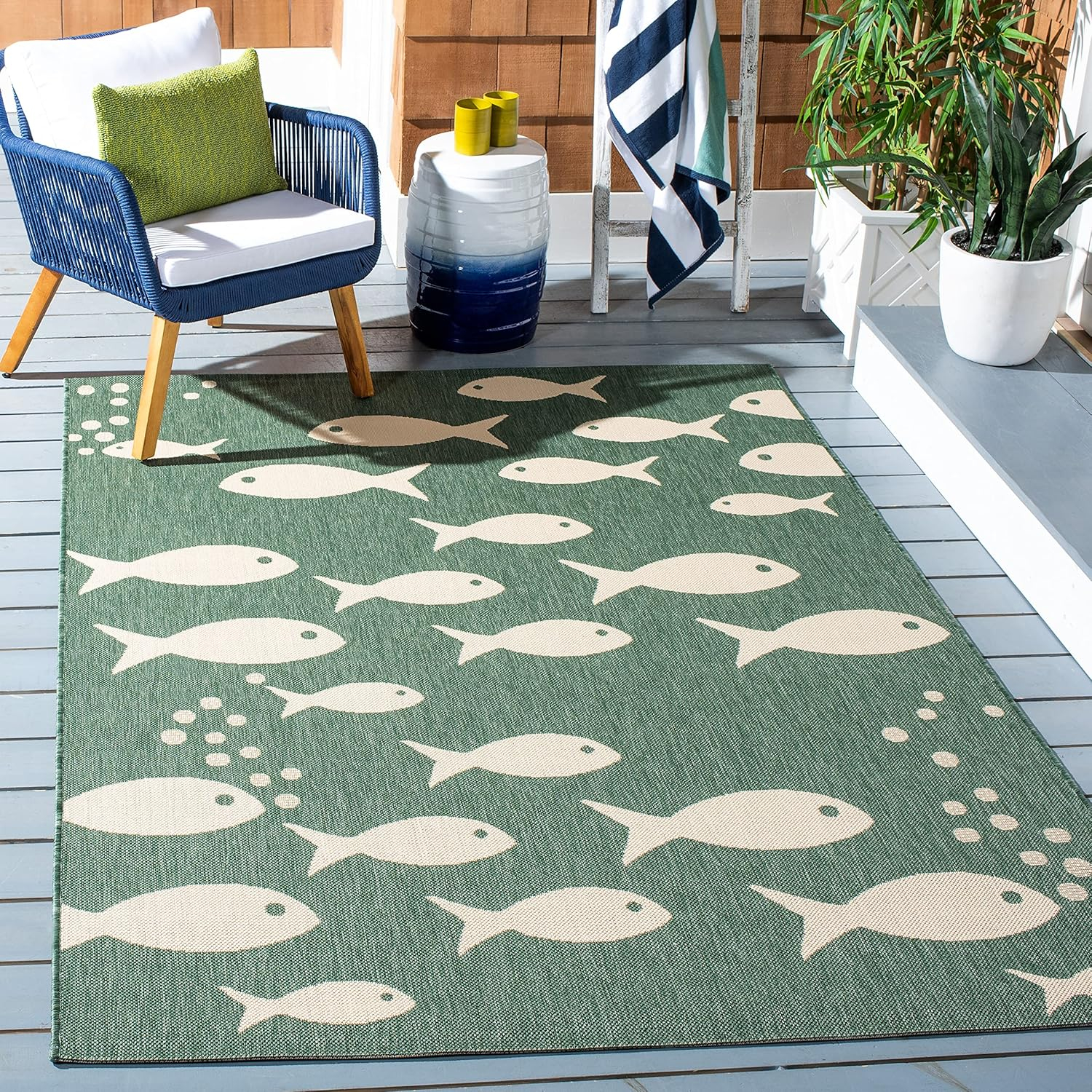 SAFAVIEH Courtyard Trena Fishes Indoor/Outdoor Area Rug, Dark Green/Ivory, 9' x 12'