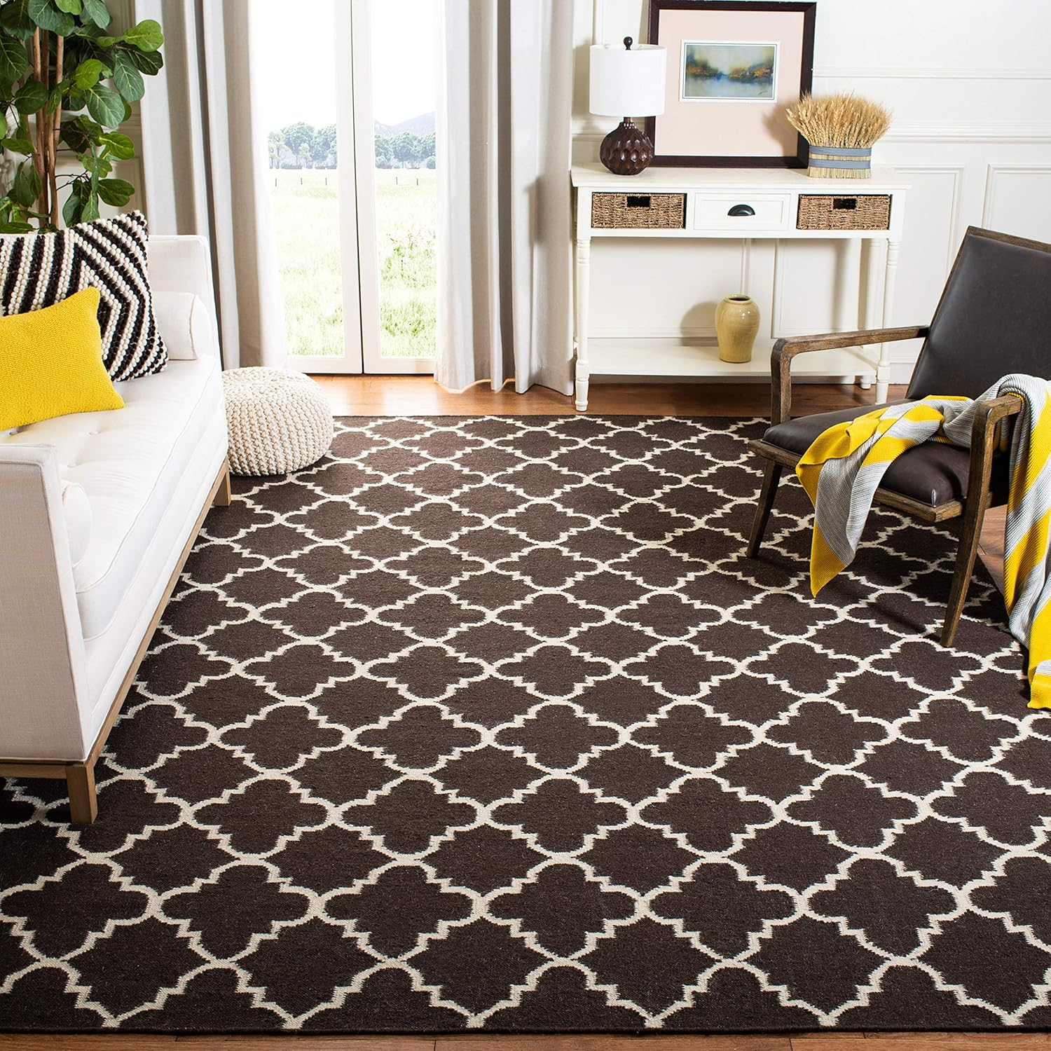 SAFAVIEH Dhurries Brad Geometric Area Rug, Brown/Ivory, 9' x 12'