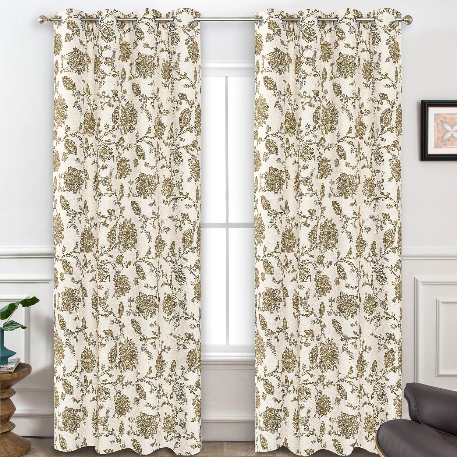 DriftAway Freda Jacobean Floral Linen Blend Lined Thermal Insulated Room Darkening Blackout Grommet Window Curtains 2 Layers 2 Panels Each 52 Inch by 63 Inch Taupe Beige