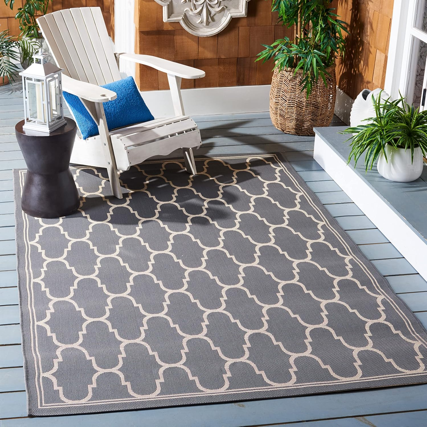 SAFAVIEH Courtyard Eustacia Geometric Trellis Indoor/Outdoor Area Rug Anthracite/Beige, 9' x 12'6"