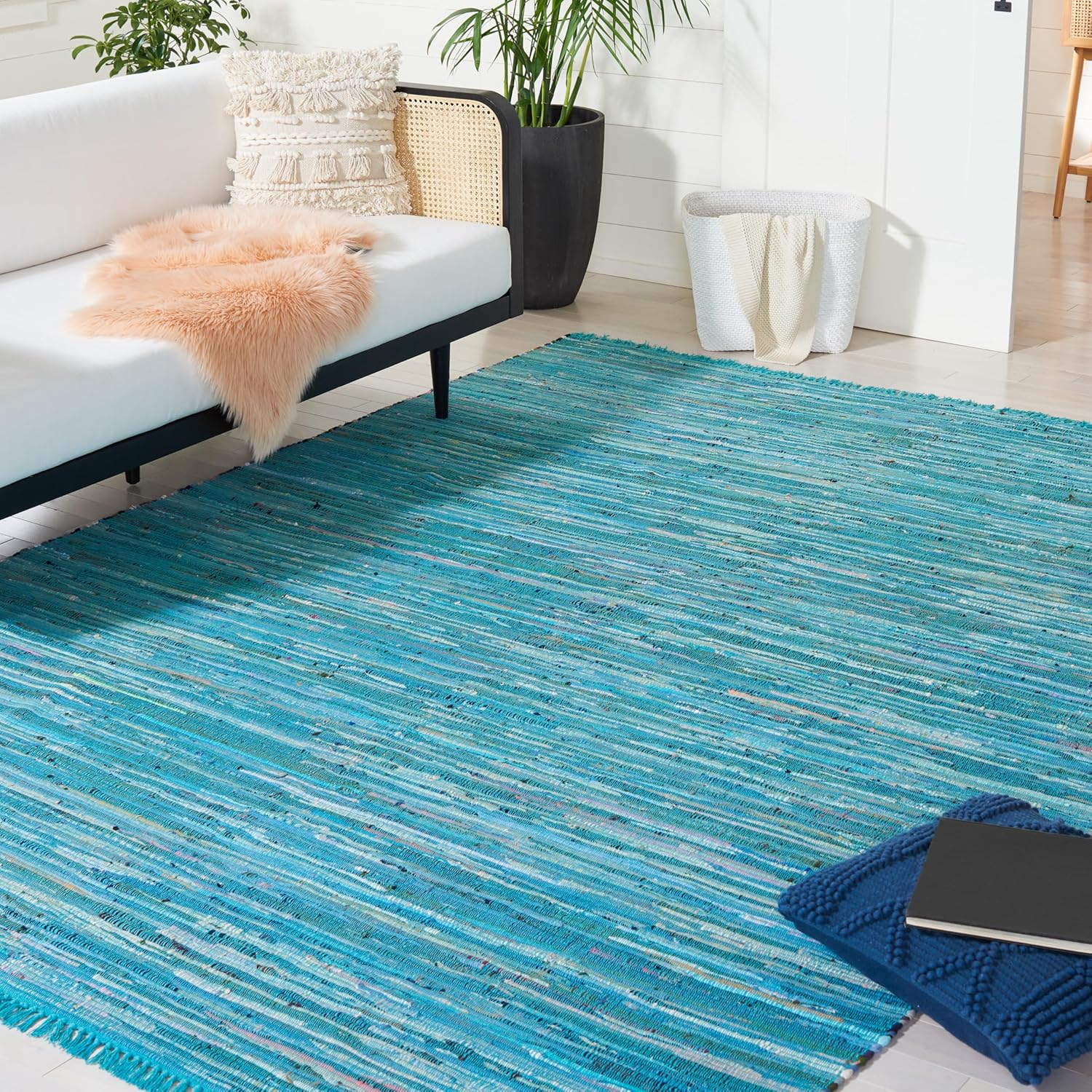 SAFAVIEH Rag Robynne Striped Cotton Area Rug, Blue/Multi, 9' x 12'