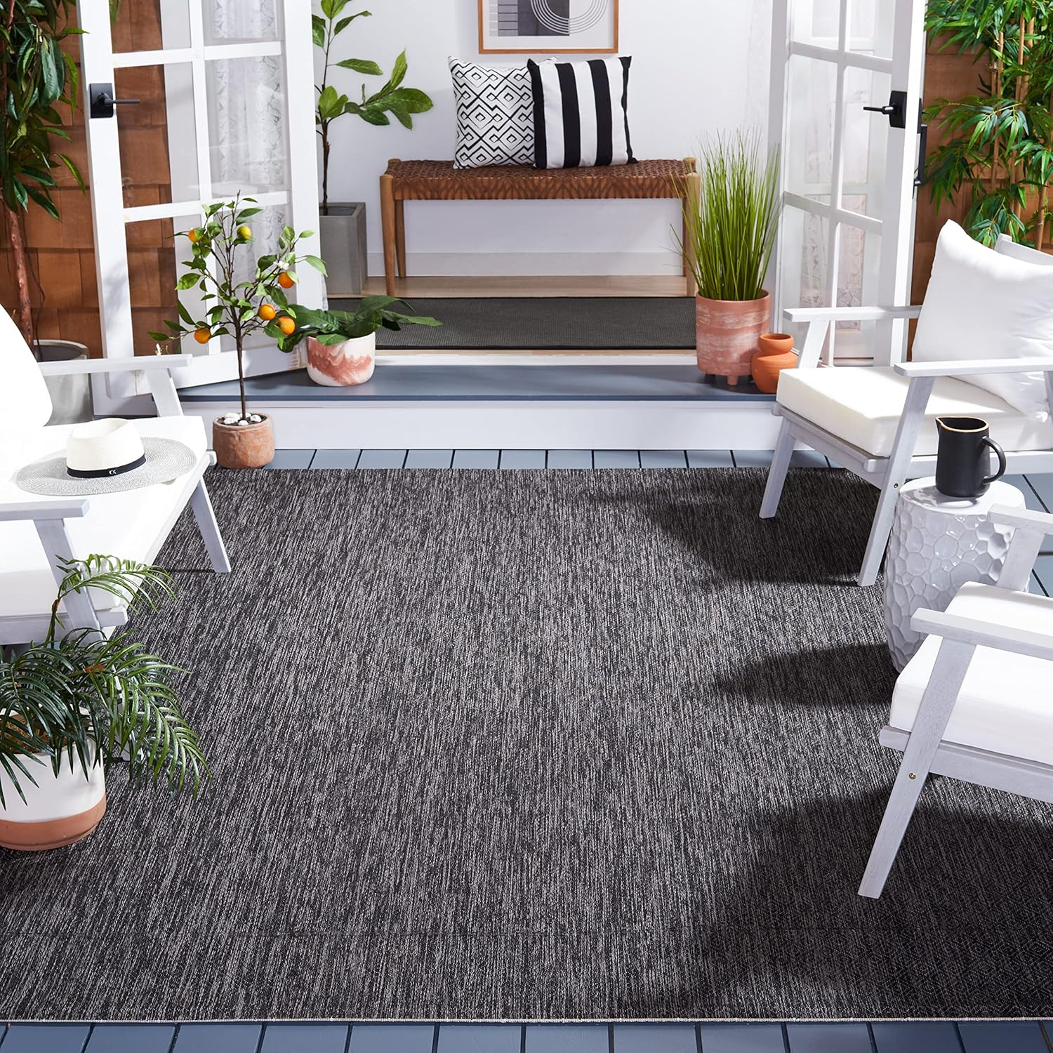 SAFAVIEH Courtyard Mitre Geometric Indoor/Outdoor Area Rug, Black/Grey, 6'7" x 6'7" Square