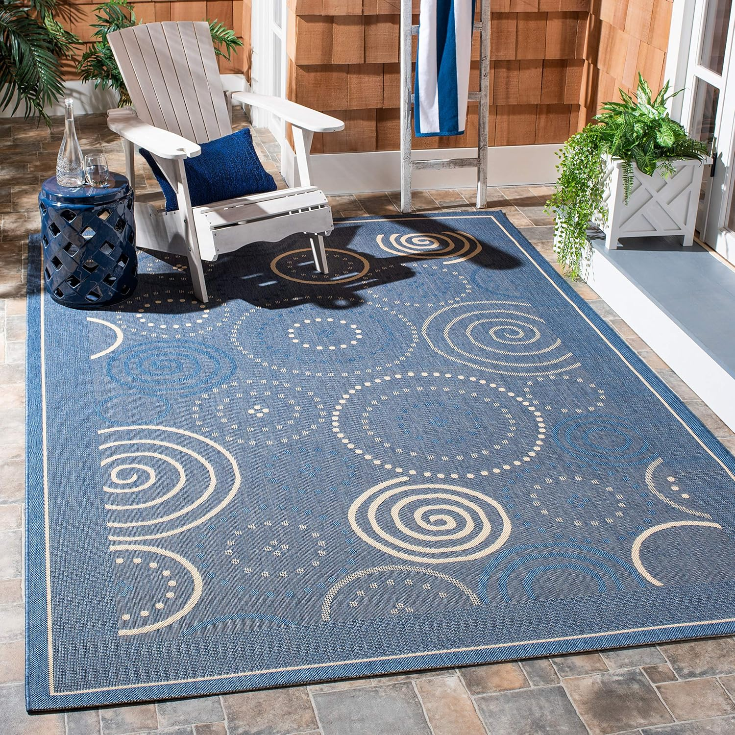 SAFAVIEH Courtyard Hugo Geometric Indoor/Outdoor Area Rug, 9' x 12', Blue/Natural
