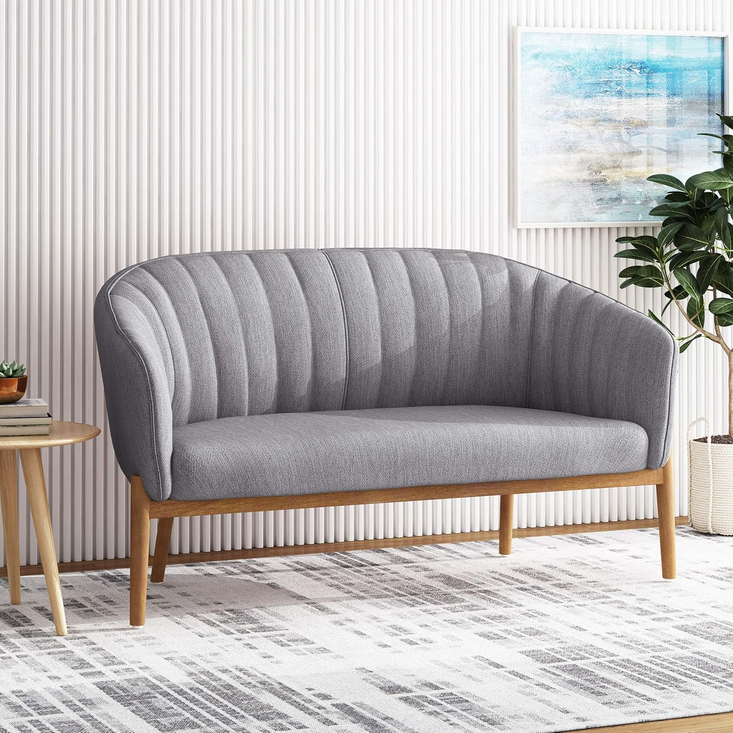Deborah Mid-Century Beige Fabric Loveseat with Wood Legs