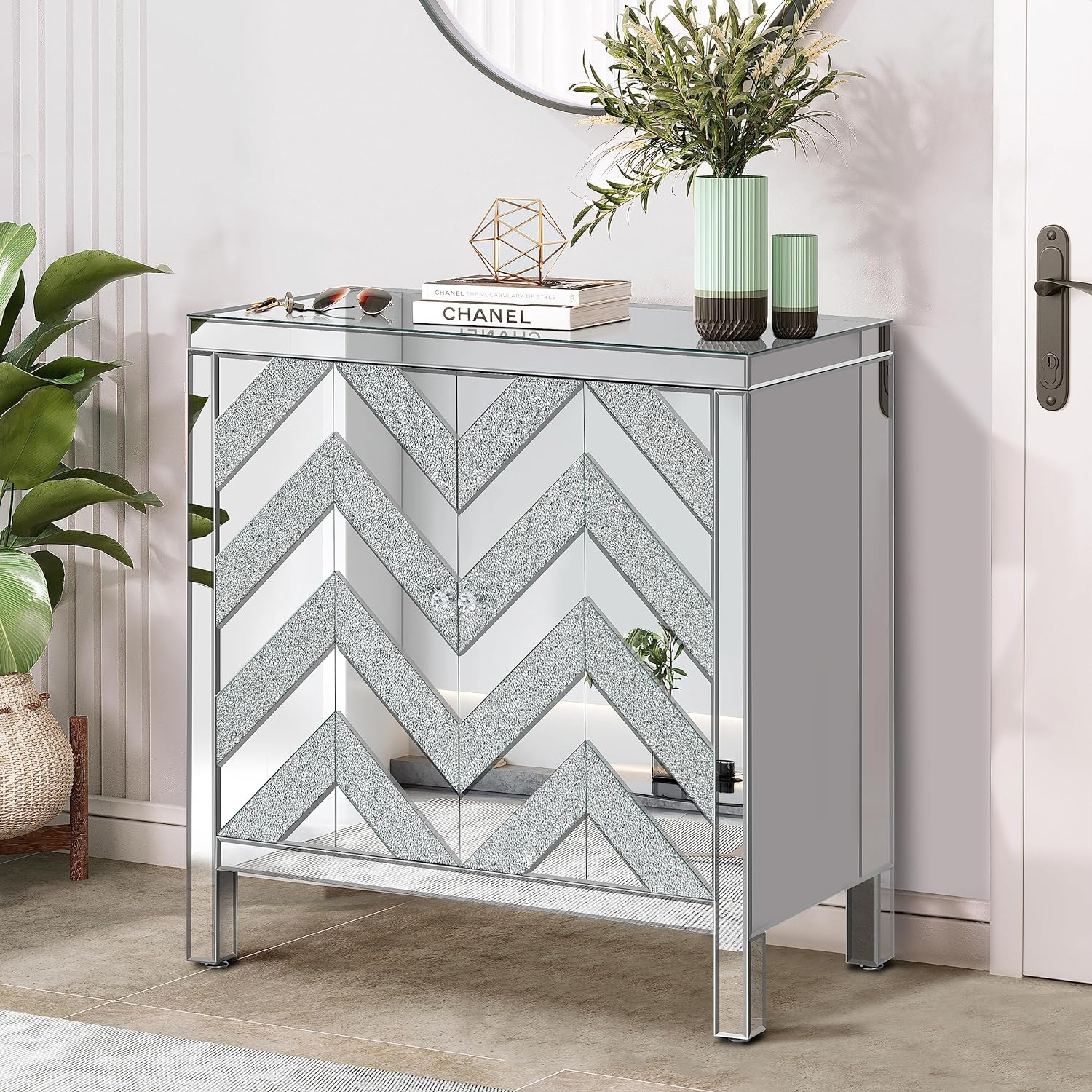 Storage Cabinet with Mirror Trim Living Room Dining Room Entryway Kitchen M Shape