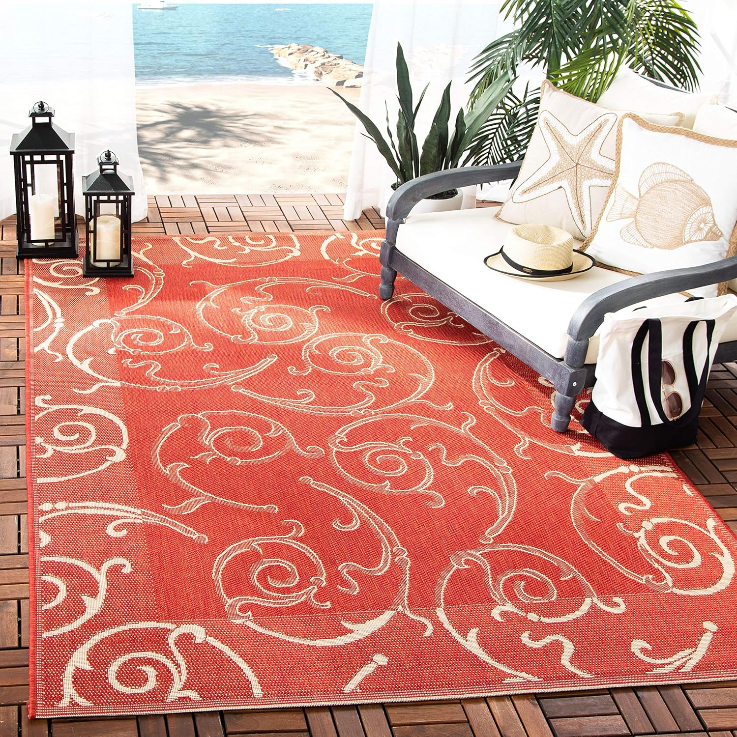 SAFAVIEH Courtyard Daniel Oriental Indoor/Outdoor Area Rug, Red/Natural, 7'10" x 7'10" Square