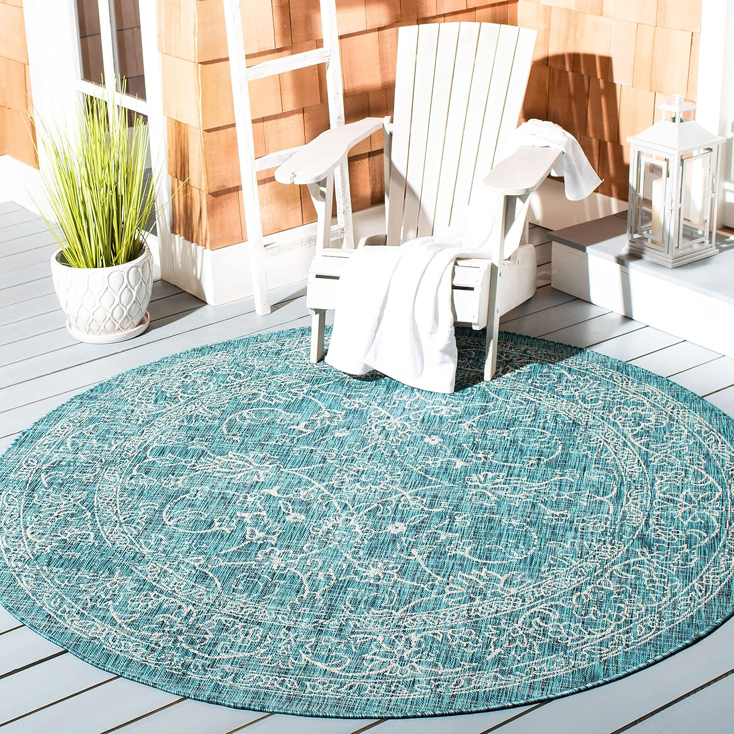 SAFAVIEH Courtyard Darin Botanical Indoor/Outdoor Area Rug, Turquoise, 6'7" x 6'7" Round