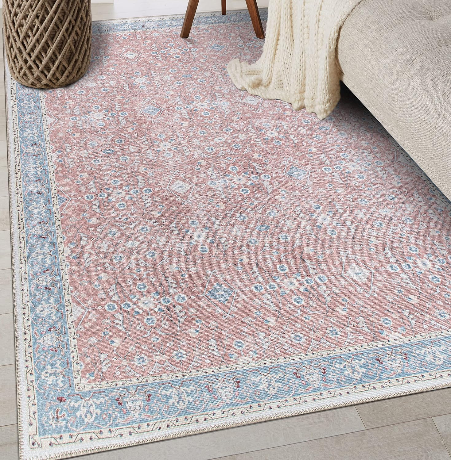 Rugshop Transitional Bordered Floral Stain Resistant Flat Weave Eco Friendly Premium Recycled Machine Washable Area Rug 3'3"x5' Rust