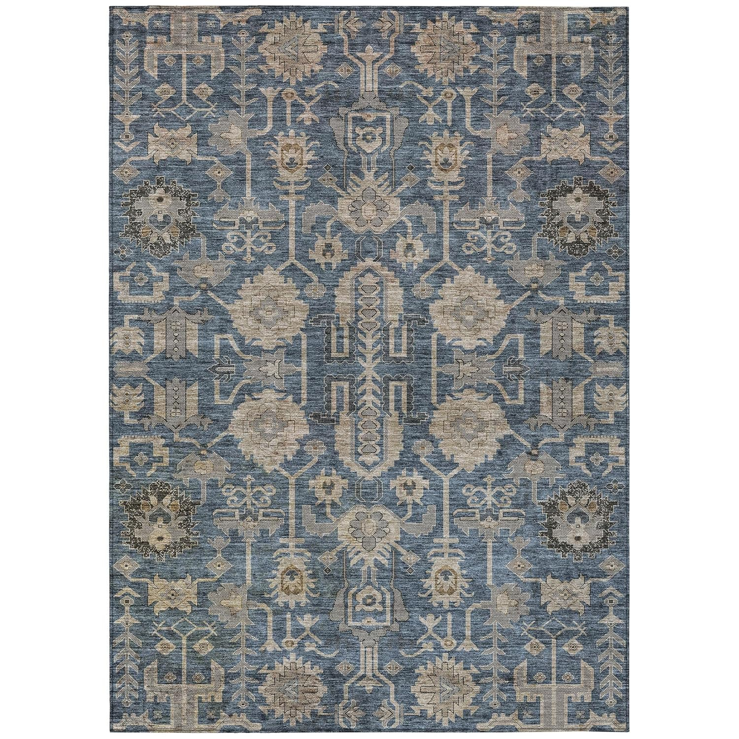 Navy and Beige Synthetic Flat Woven 8' x 10' Oriental Rug