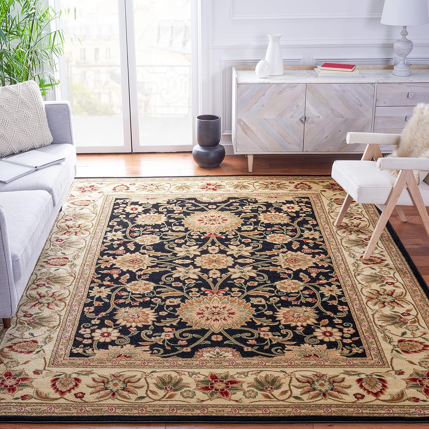 SAFAVIEH Lyndhurst Victoria Traditional Floral Area Rug, Black/Ivory, 8' x 11'