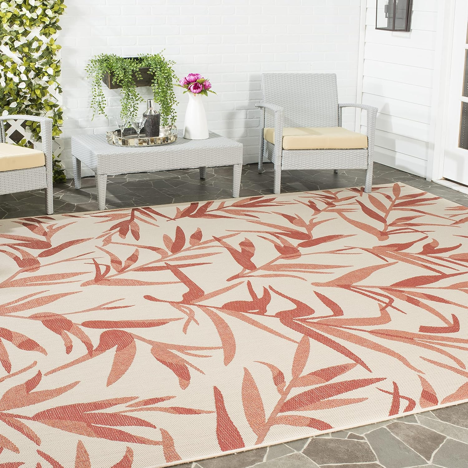 SAFAVIEH Courtyard Alannis Botanical Indoor/Outdoor Area Rug, Beige/Terracotta, 2'7" x 5'