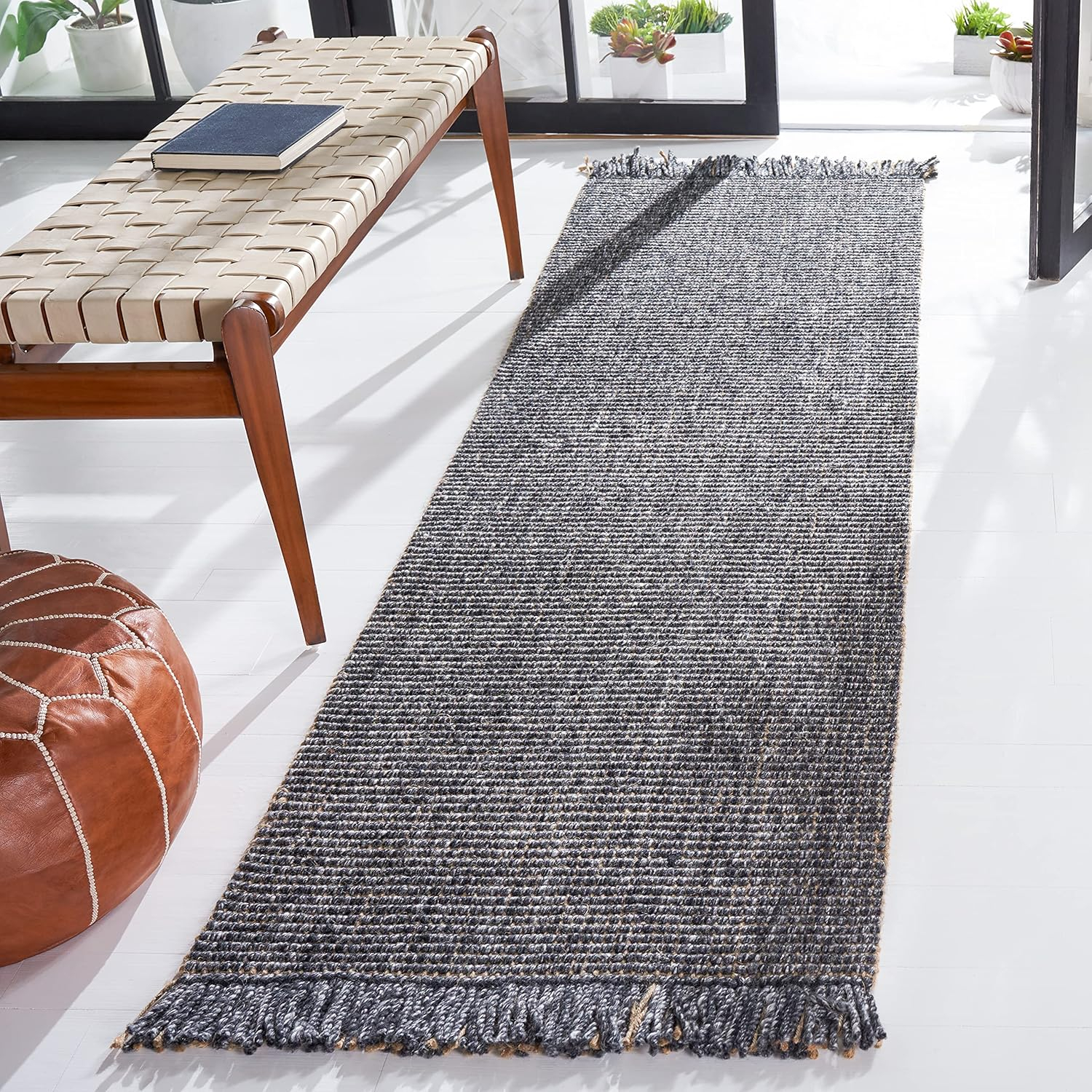 Handmade Charcoal and Natural Wool Runner Rug with Fringe