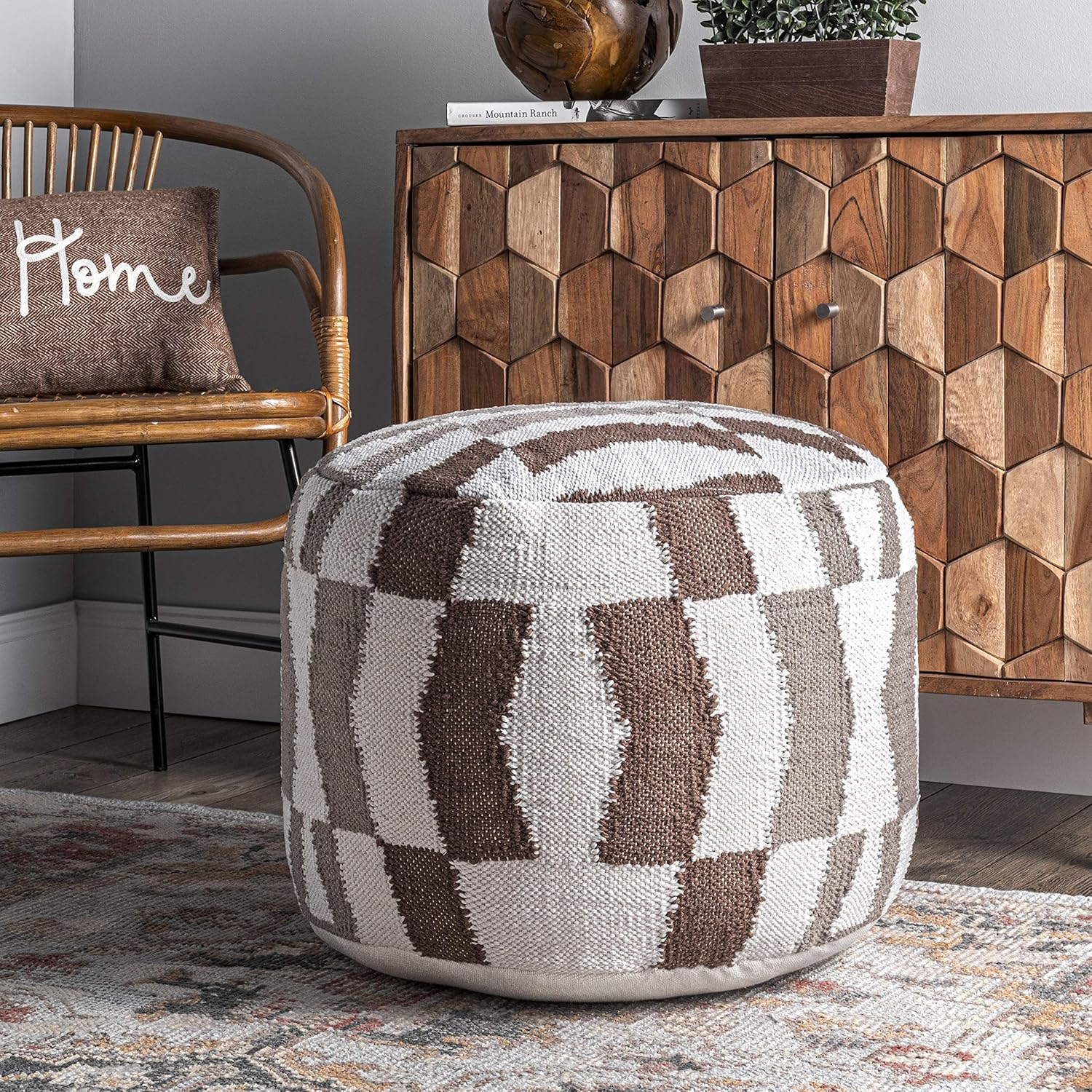 Vienna Herringbone Filled Ottoman Ivory Round Pouf