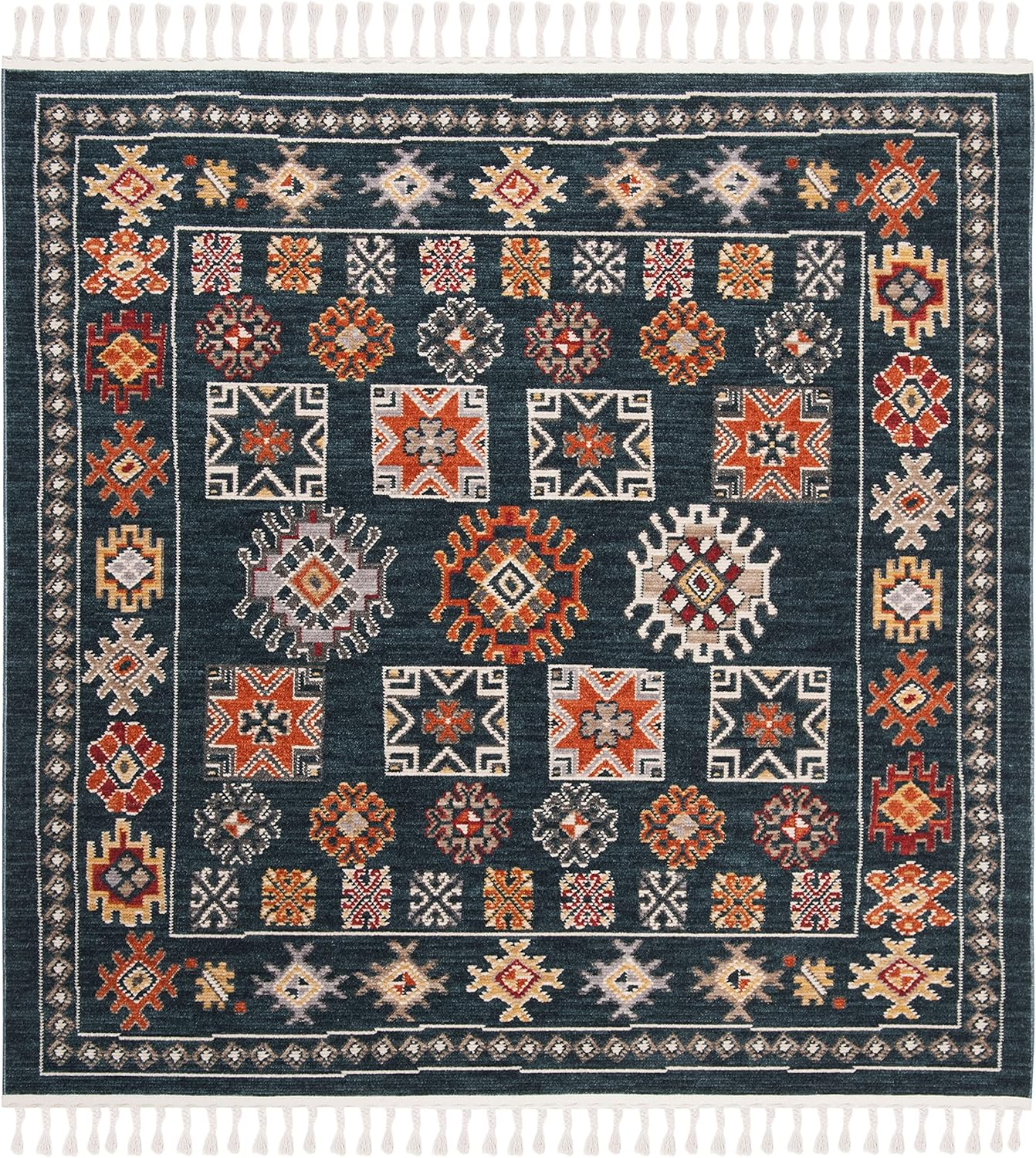 SAFAVIEH Farmhouse Medici Southwestern Area Rug, Navy/Orange, 6'3" x 6'3" Square