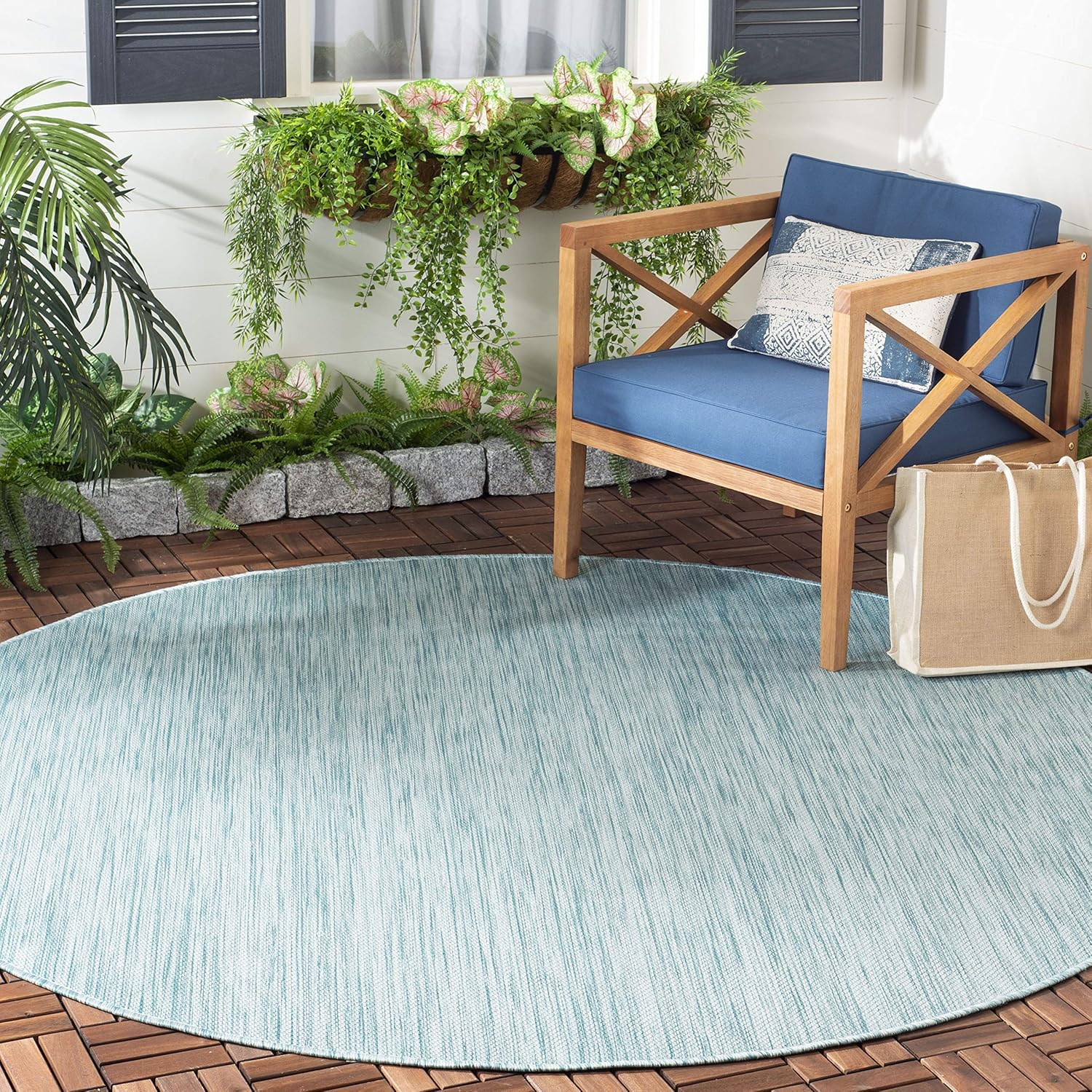 SAFAVIEH Beach House Tayler Solid Indoor/Outdoor Area Rug, Aqua, 5'3" x 5'3" Round