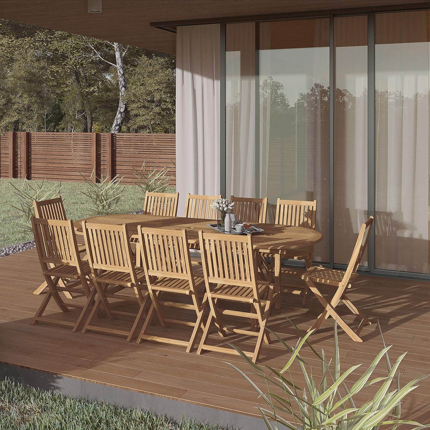 Amazonia Bergen 11-Piece Outdoor Oval Dining Set | Certified Teak | Ideal for Patio and Indoors, Light Brown