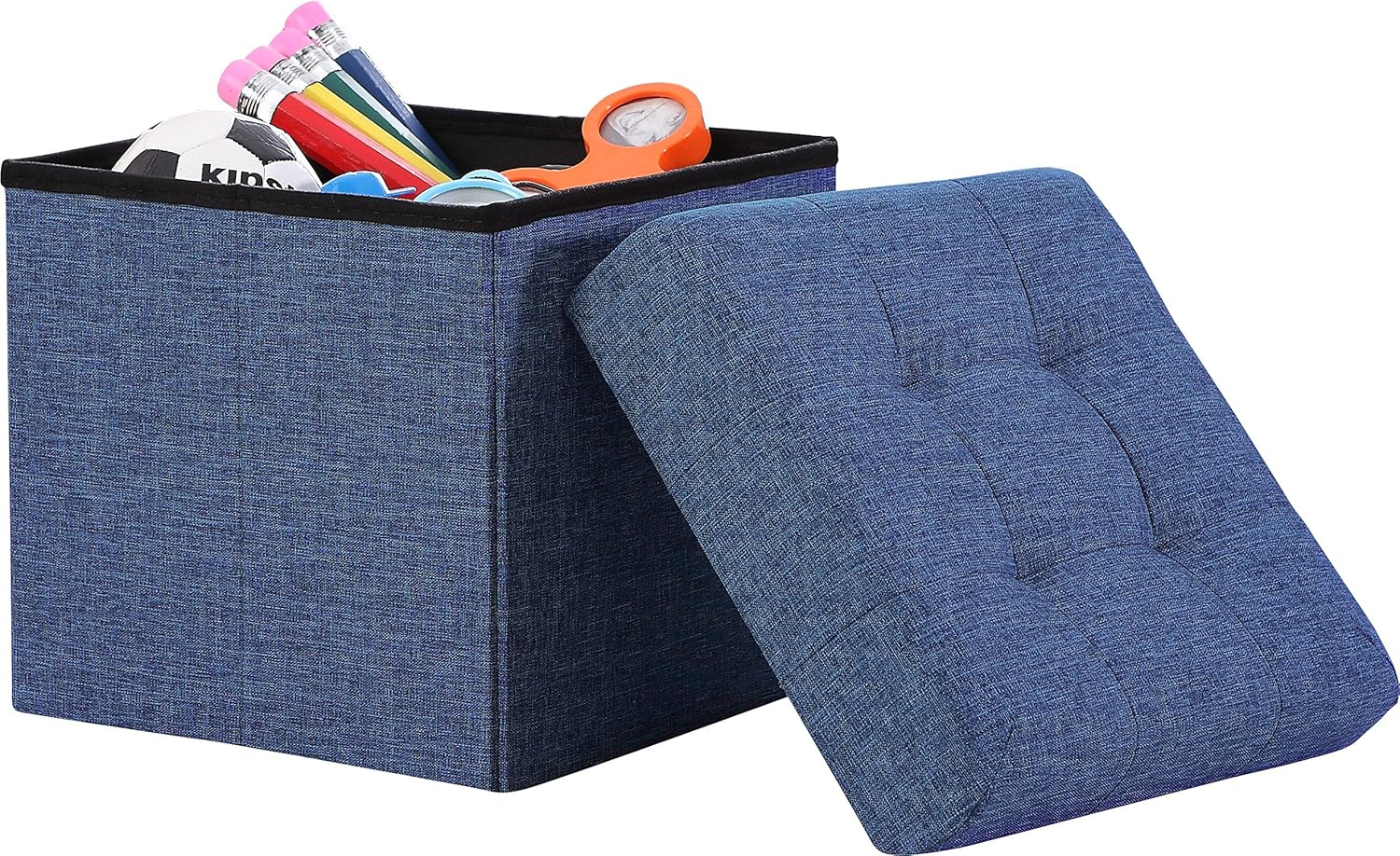 Ornavo Home Foldable Tufted Linen Storage Ottoman Cube Foot Rest Stool Seat - 15" x 15" (Navy Blue)
