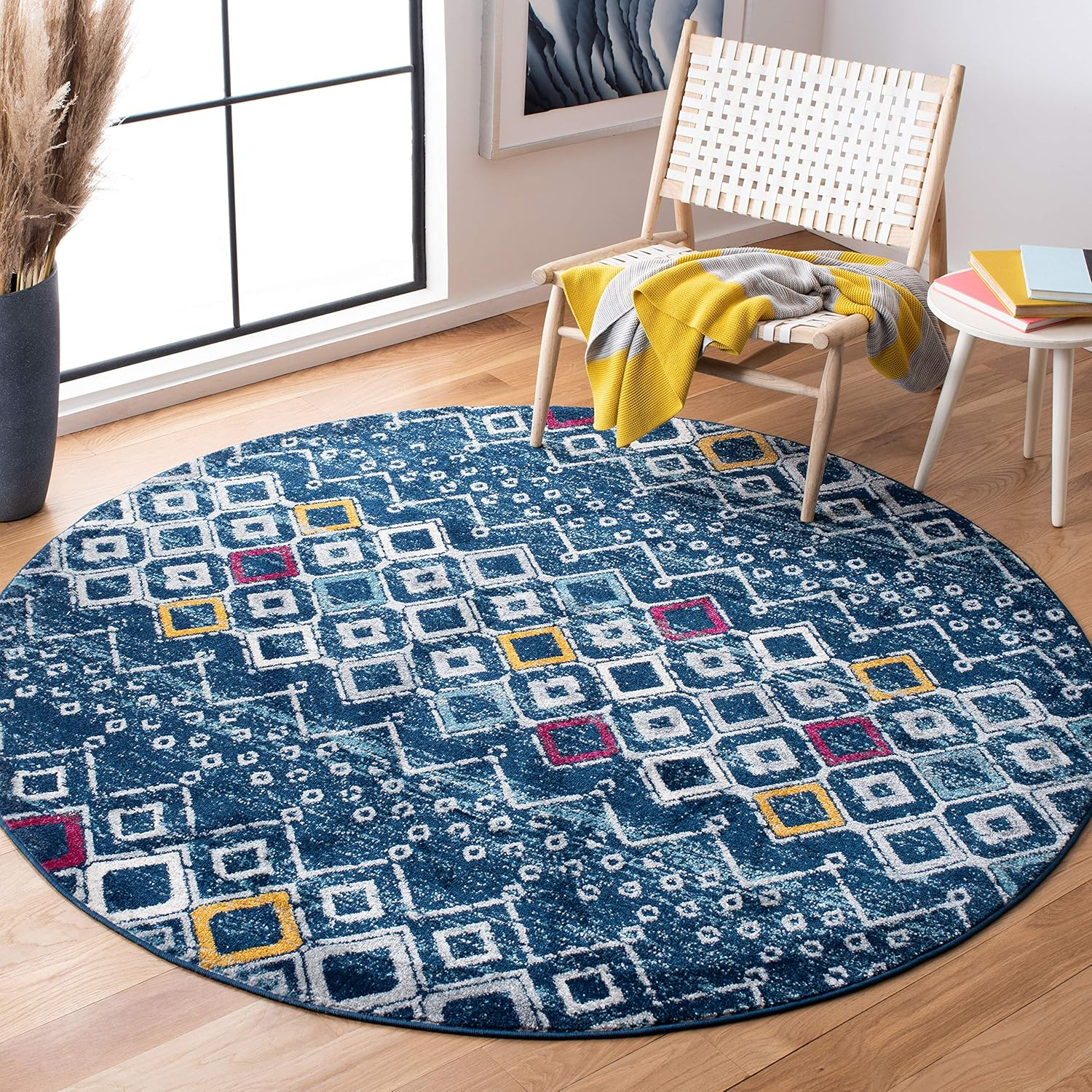 Safavieh Amsterdam Gladwin Geometric Area Rug, Navy/Turquoise, 5'1" x 5'1" Round