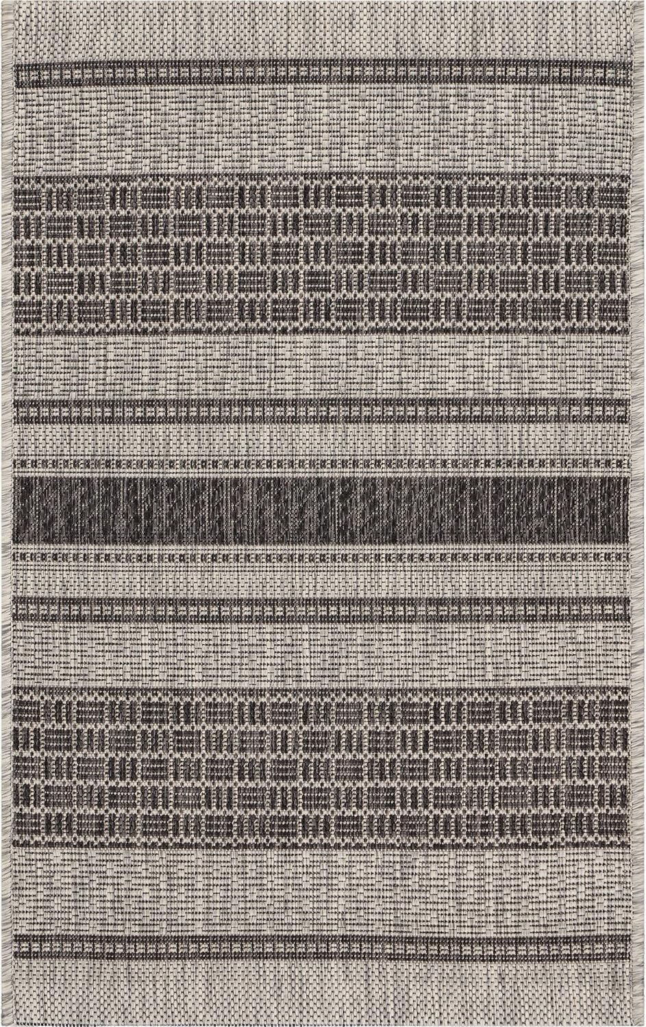 Silveria Patio Gray/Black 1 ft. 10 in. x 3 ft. Modern Distress Striped Indoor/Outdoor Rectangle Area Rug