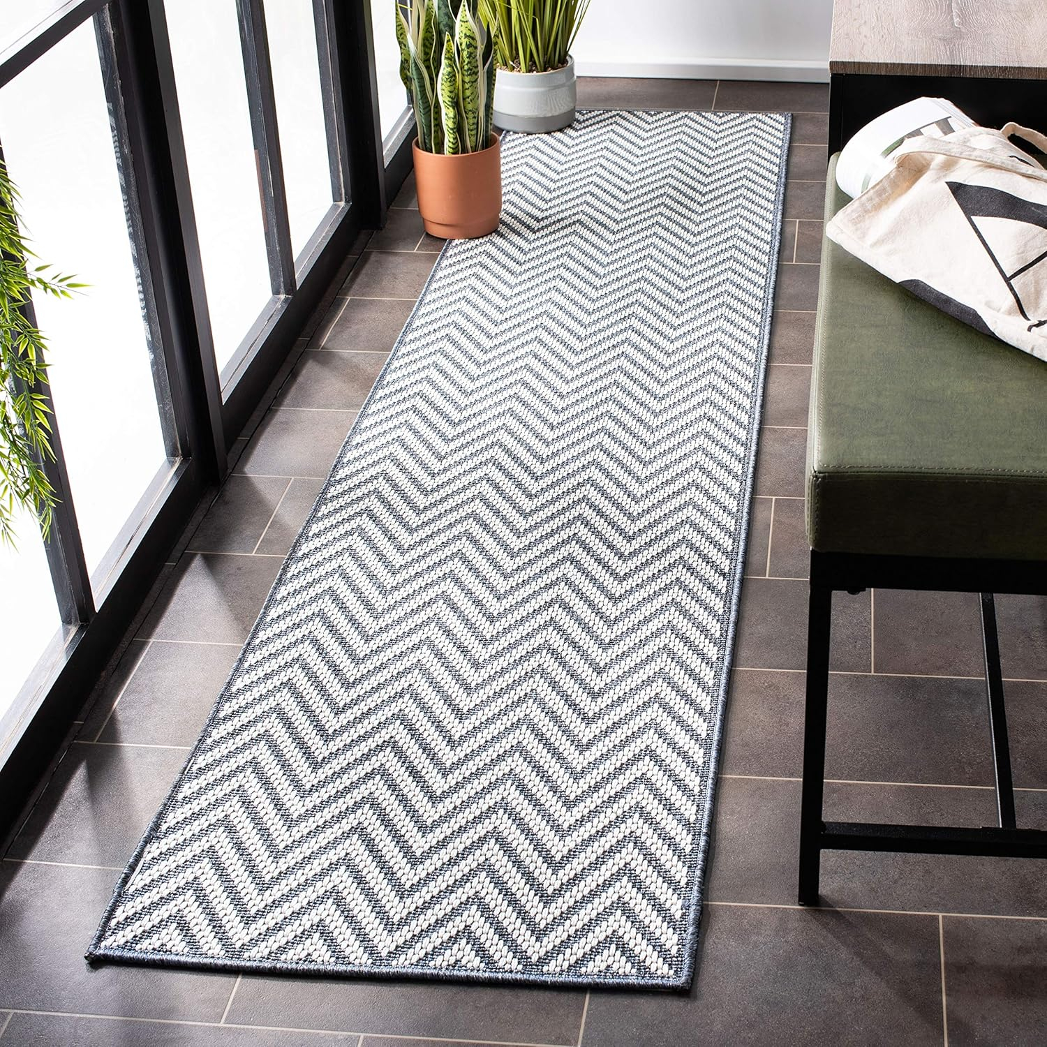 SAFAVIEH Bermuda Amina Geometric Chevron Indoor/Outdoor Runner Rug Light Blue/Cream, 2' x 8'