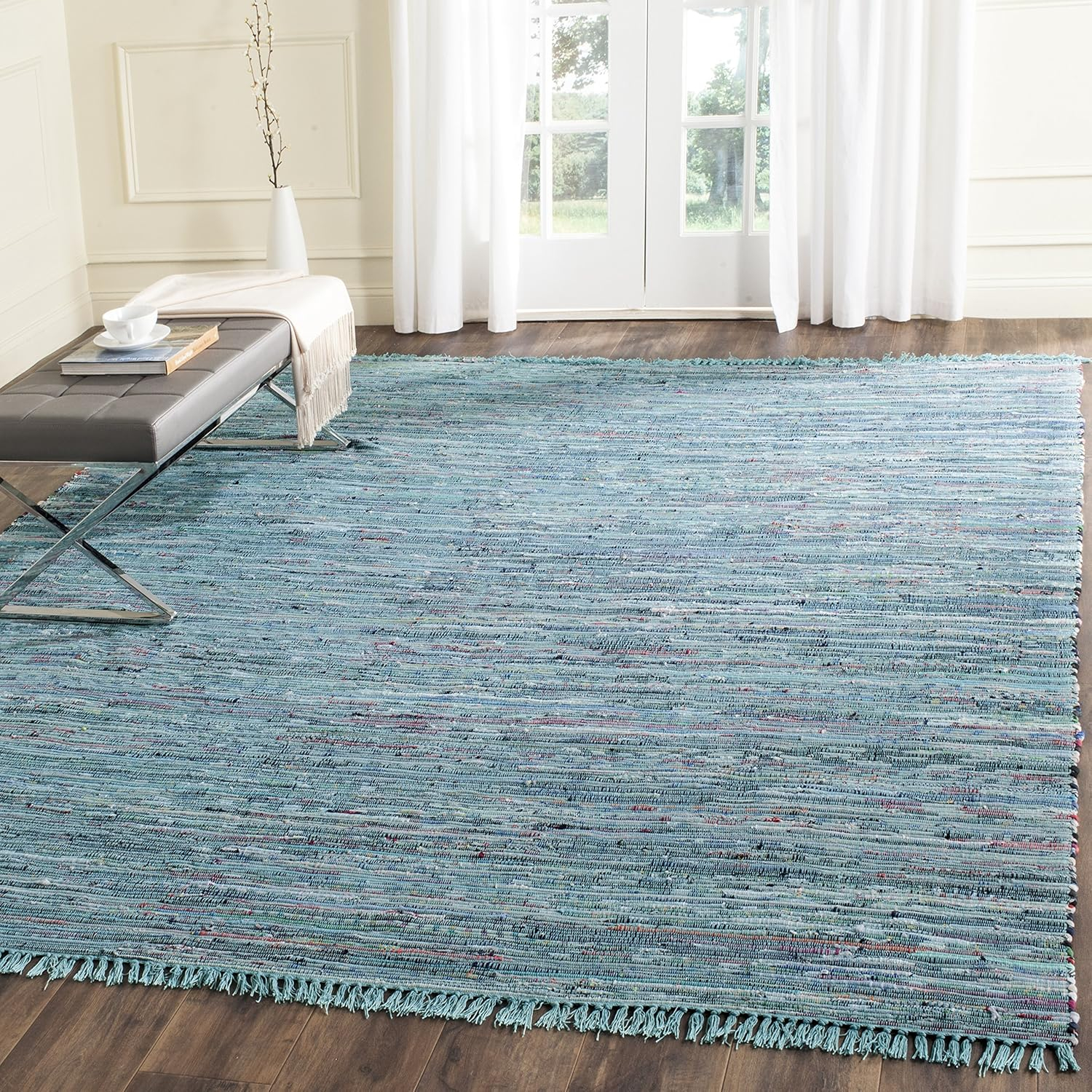 SAFAVIEH Rag Robynne Striped Cotton Area Rug, Blue/Multi, 9' x 12'
