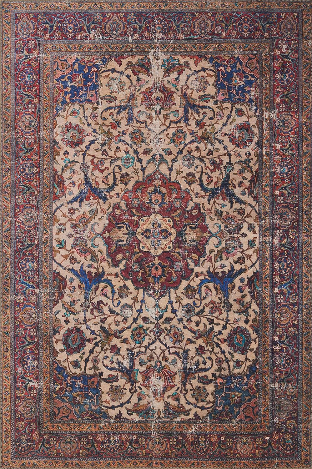 Sand and Multicolor Hand-Knotted Floral Accent Rug
