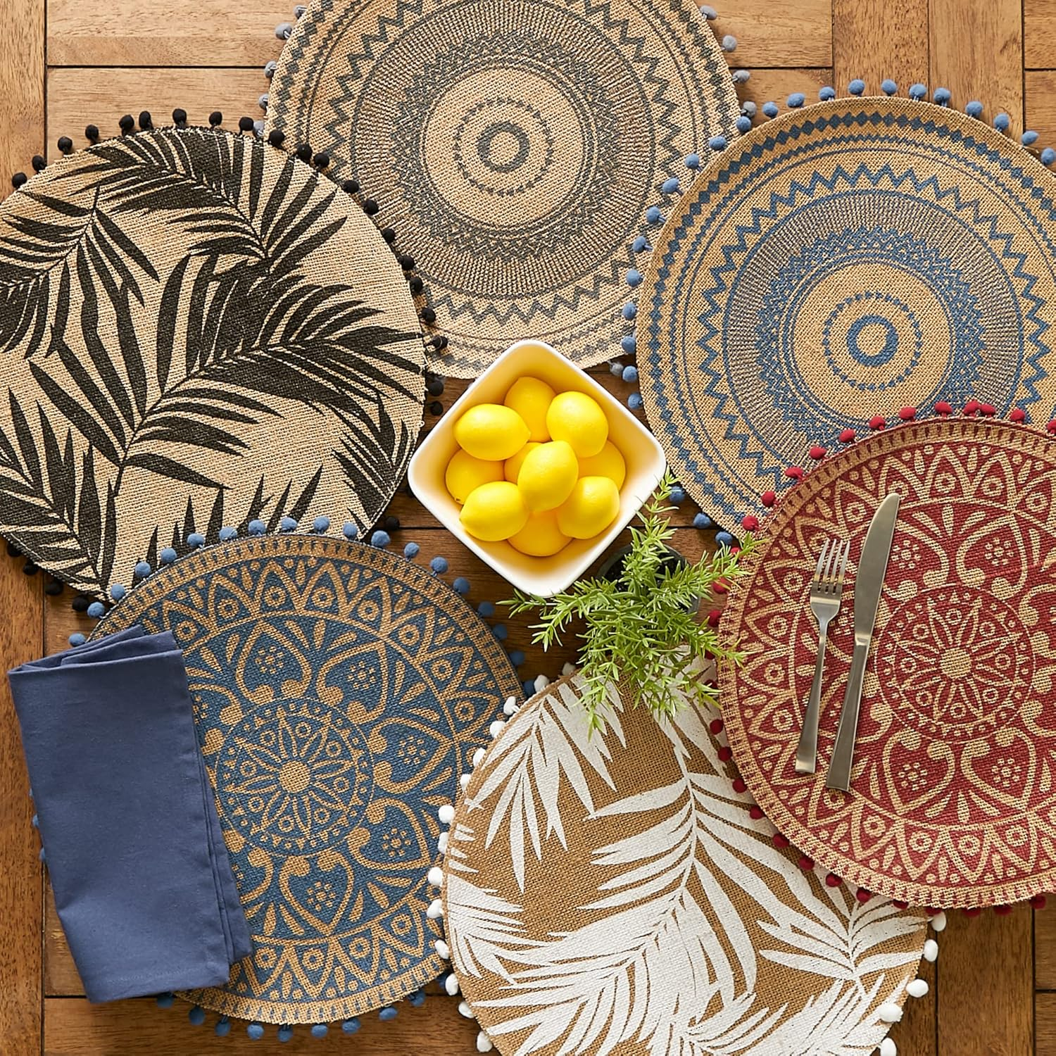 Black Fern Print On Natural Round Jute Placemat (Set of 6)