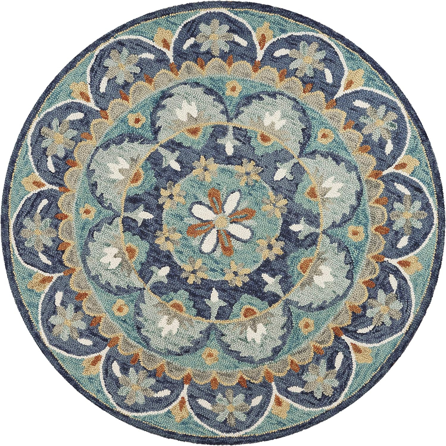 Ox Bay Elle 4' Round Teal/Blue Floral Medallion Indoor Area Rug