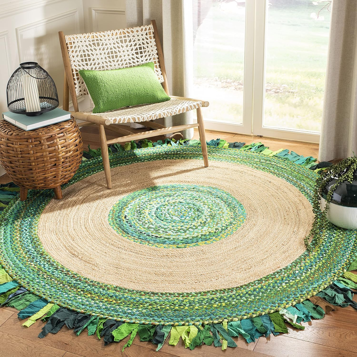 SAFAVIEH Cape Cod Susan Striped Area Rug, Green/Natural, 3' x 3' Round