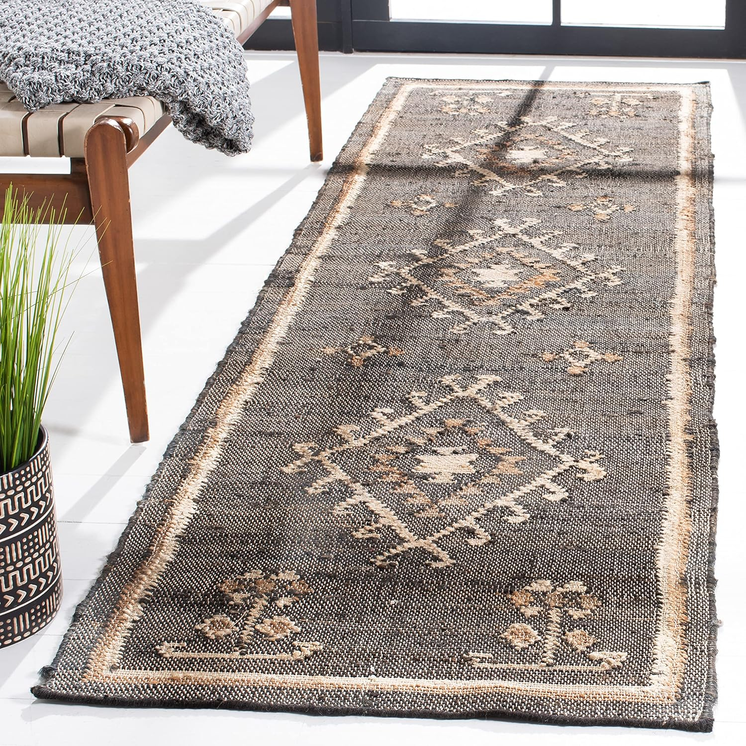 Handmade Grey and Black Wool Flatweave Runner Rug