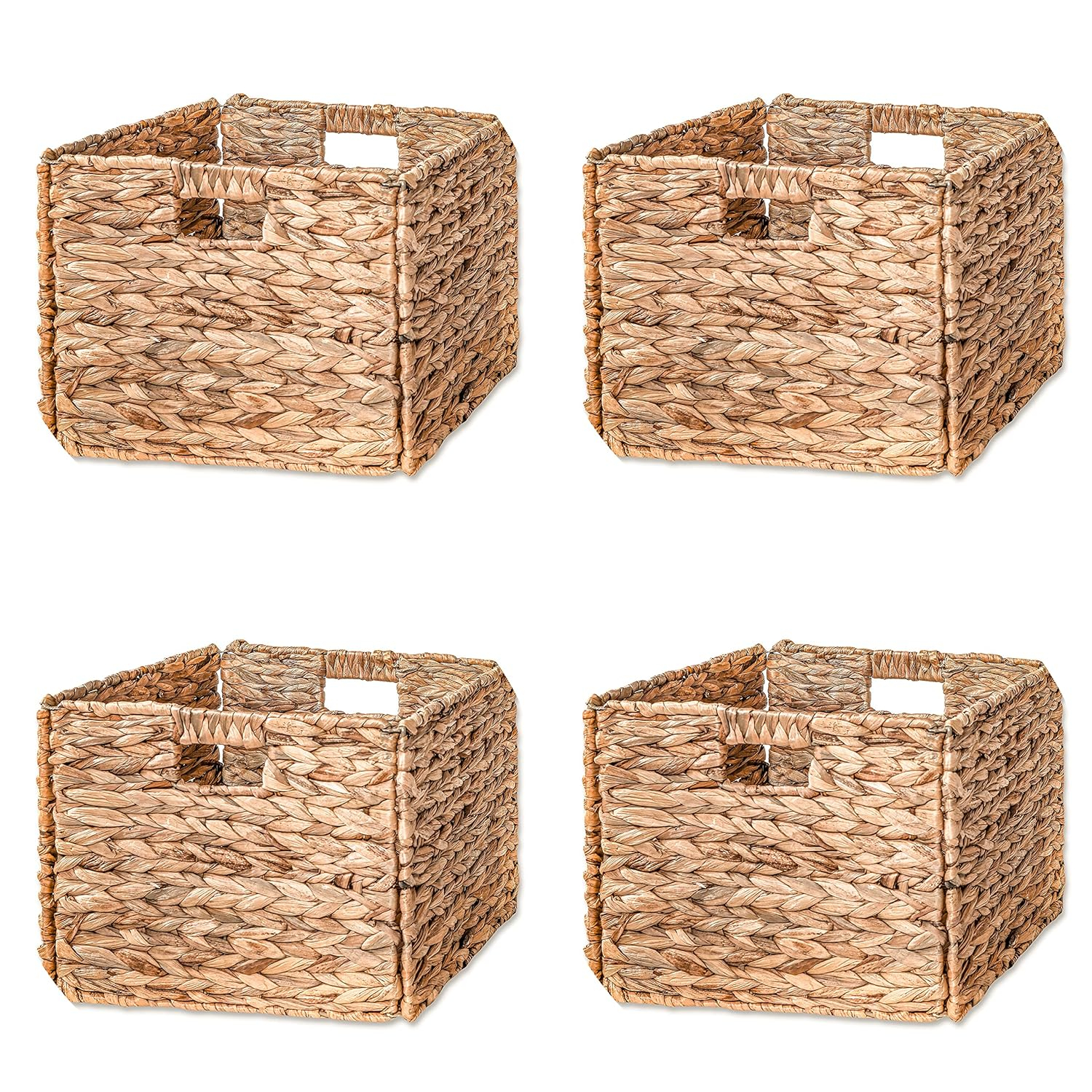 Foldable Water Hyacinth Storage Basket with Iron Wire Frame (Set of 4)
