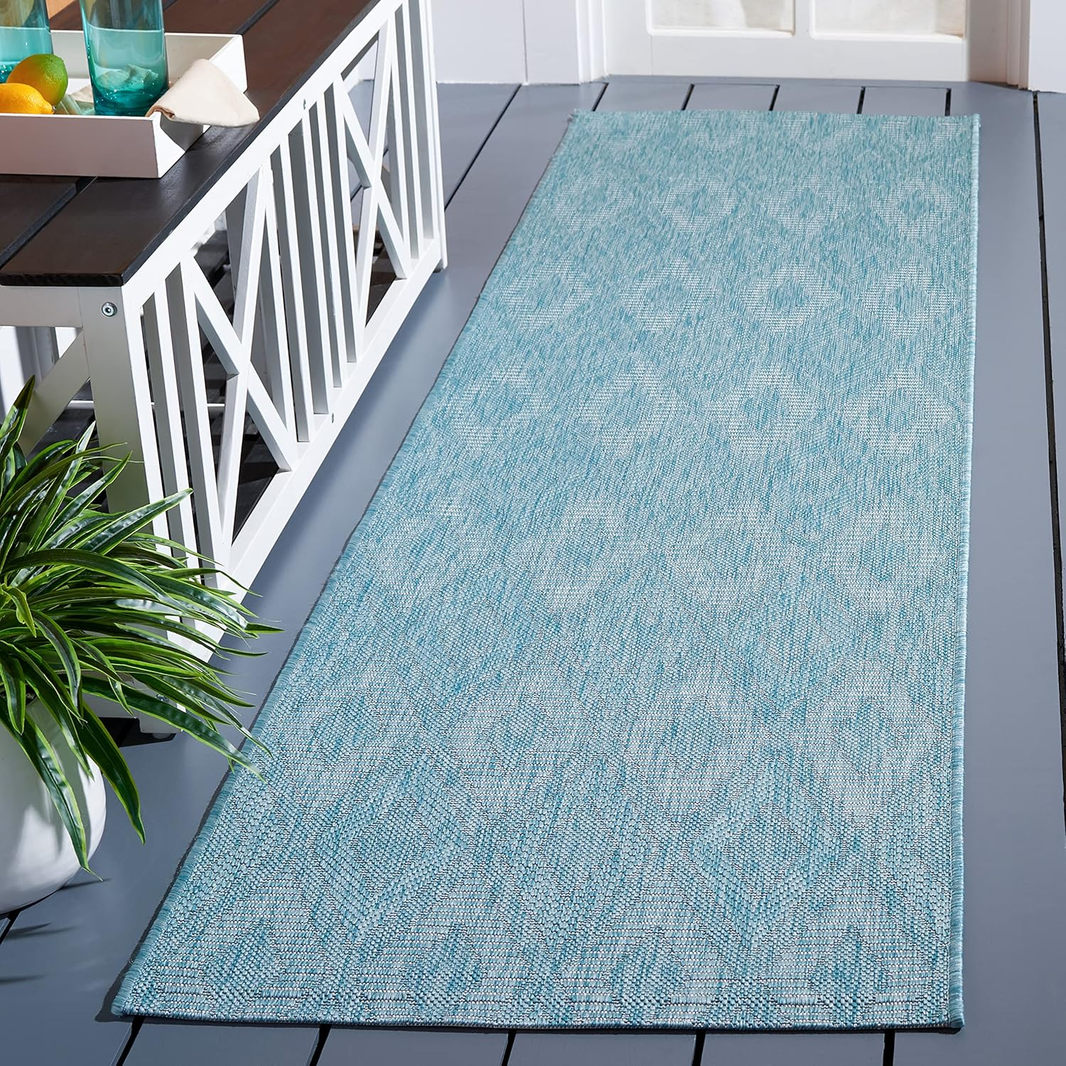SAFAVIEH Courtyard Teodor Geometric Diamonds Indoor/Outdoor Runner, 2'3" x 10', Aqua