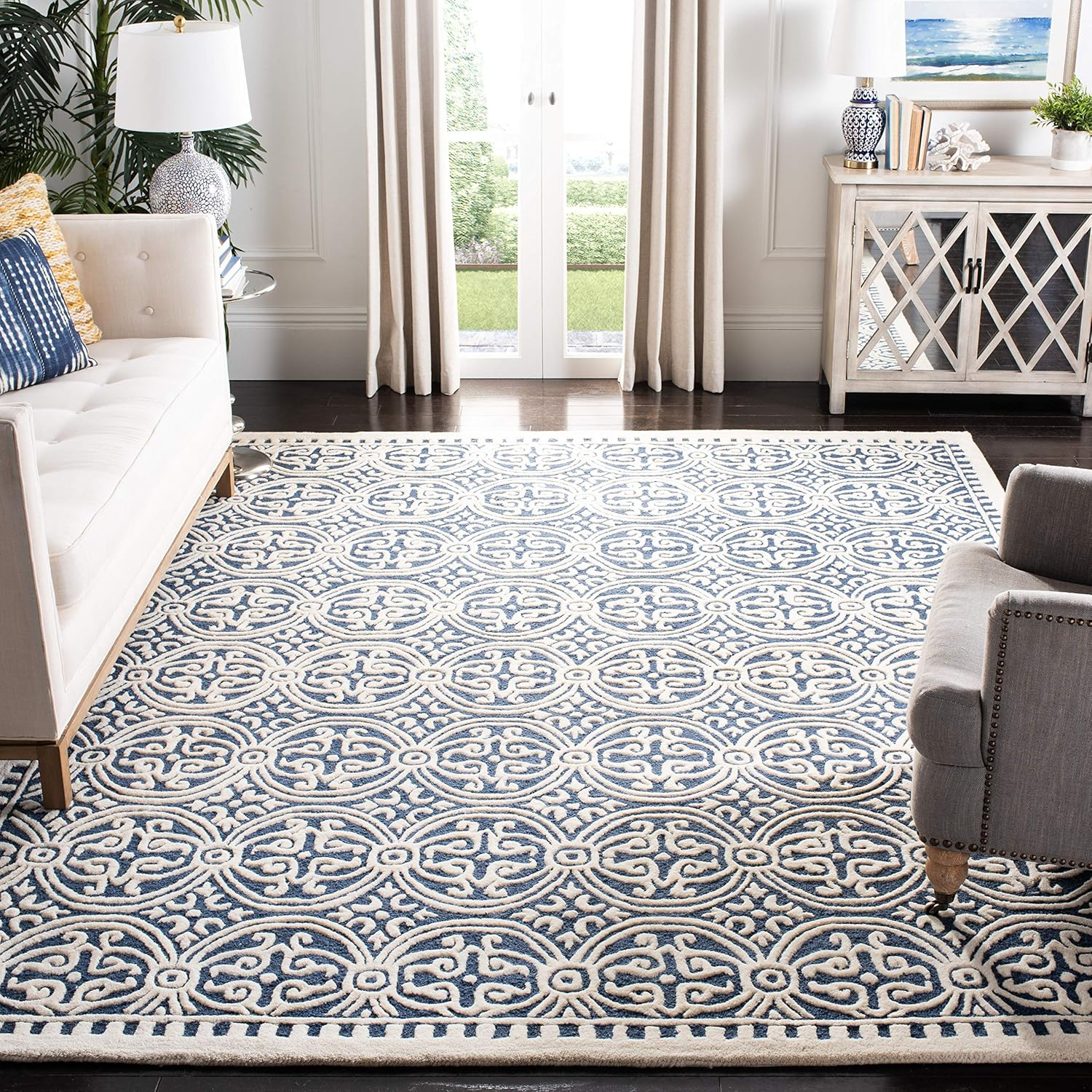 Ivory and Navy Blue Hand-Tufted Wool Rectangular Rug, 12' x 18'